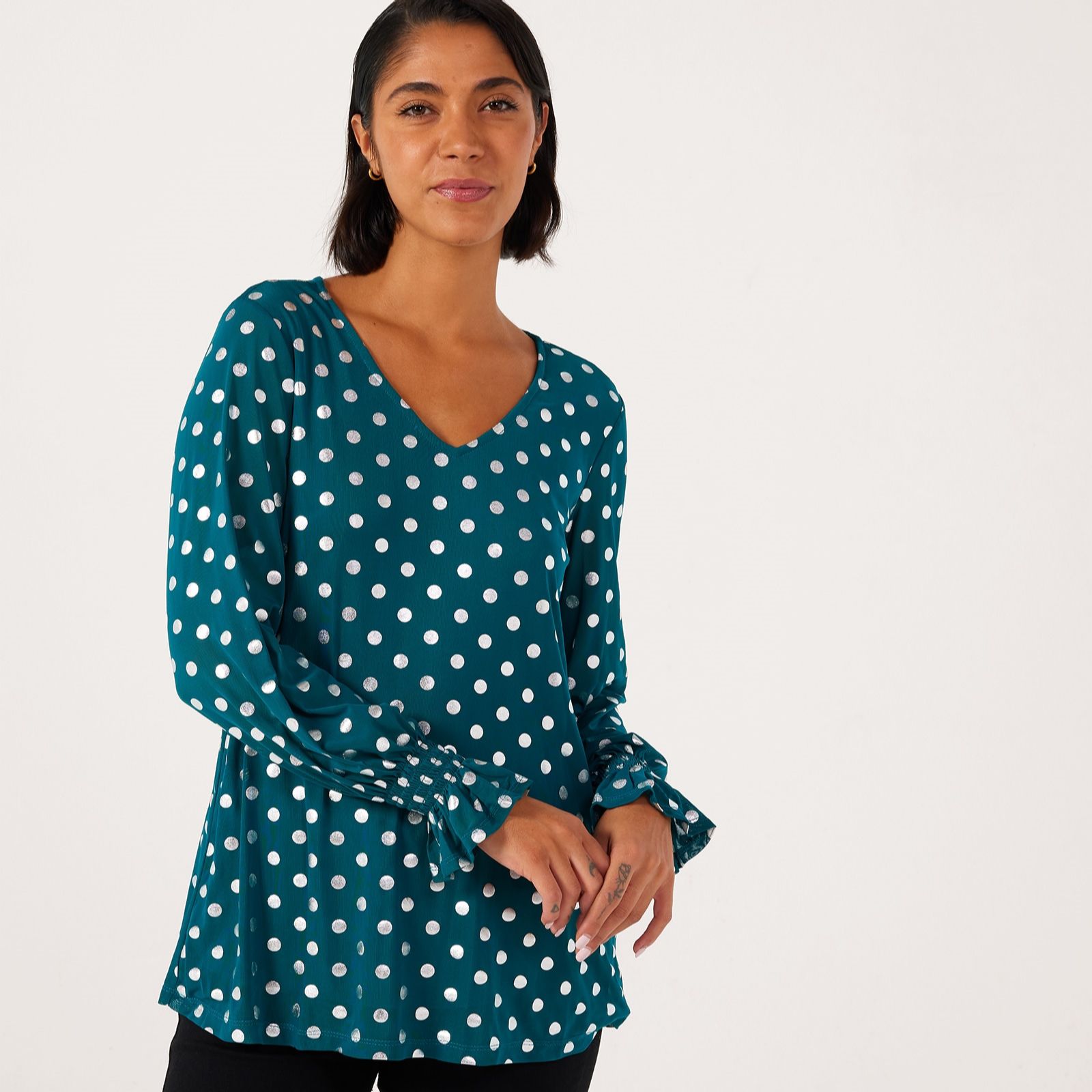 Nina Leonard Foil Print Tunic with Smocked Sleeves