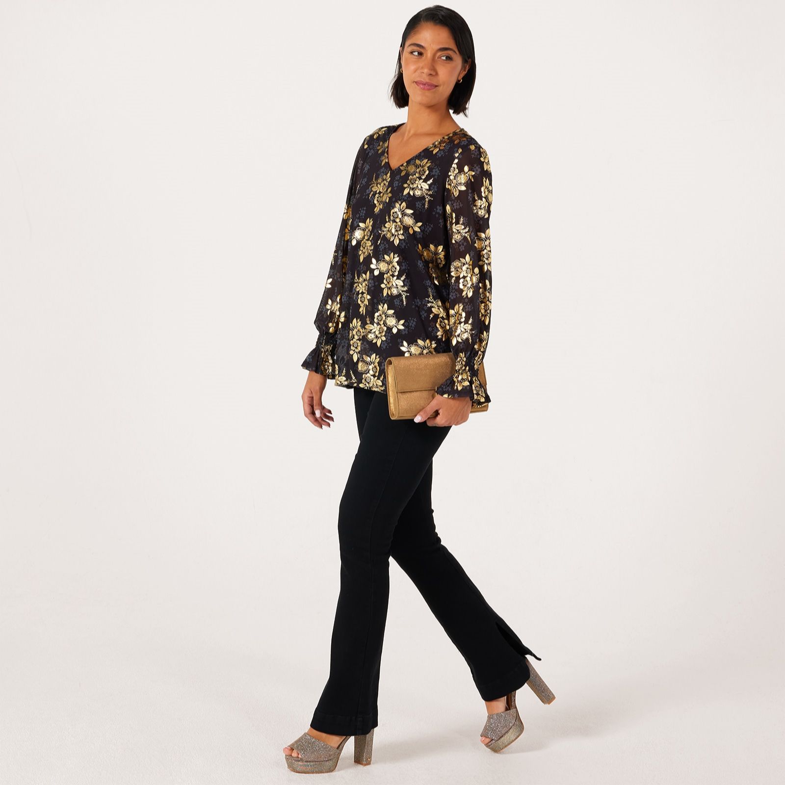 Nina Leonard Foil Print Tunic with Smocked Sleeves