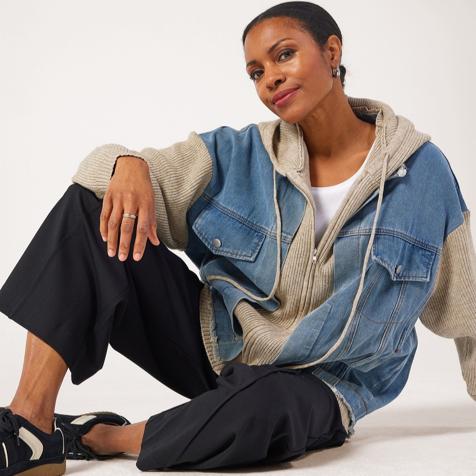 Malissa J Hooded Denim Cable Knit Mix Jacket