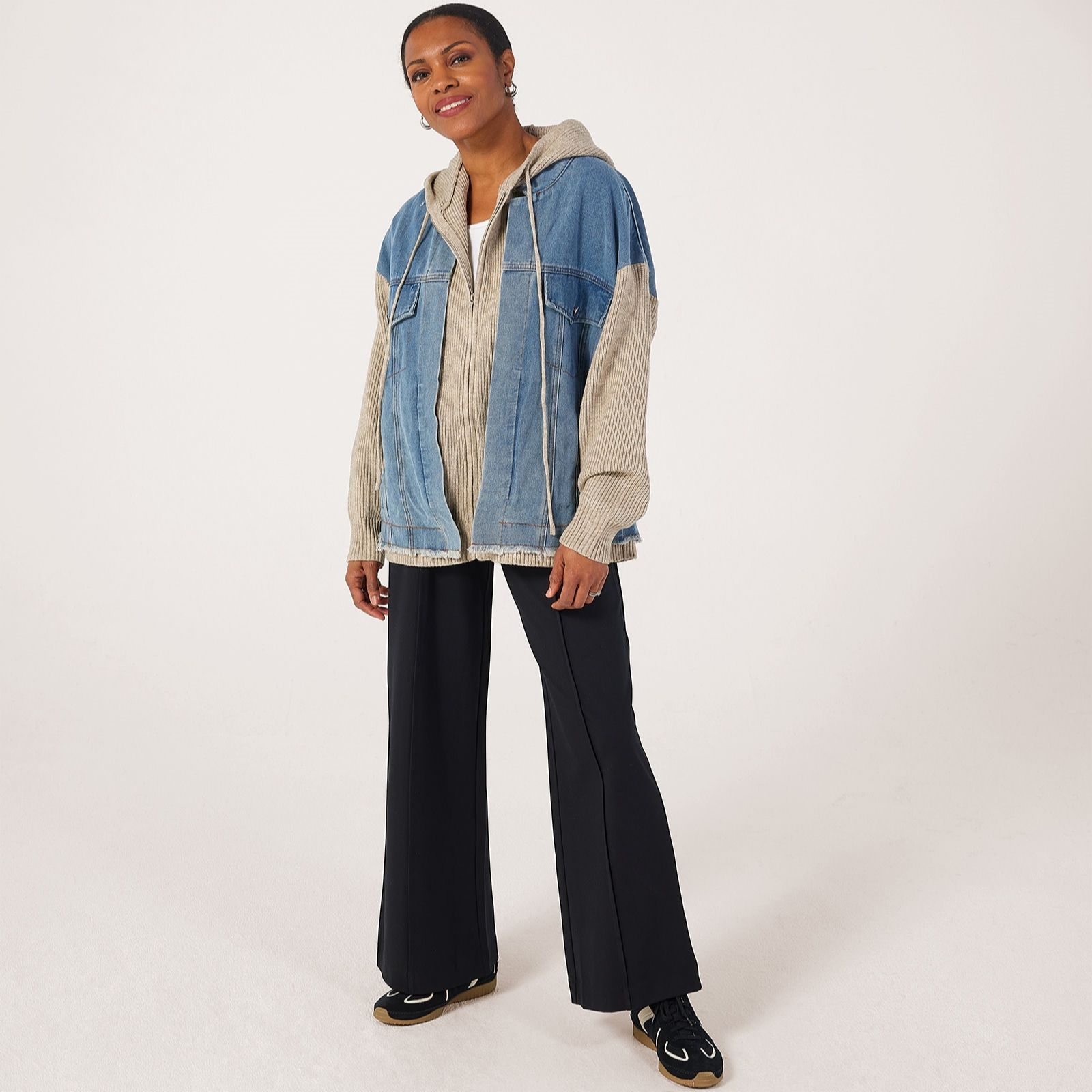 Malissa J Hooded Denim Cable Knit Mix Jacket - QVC UK