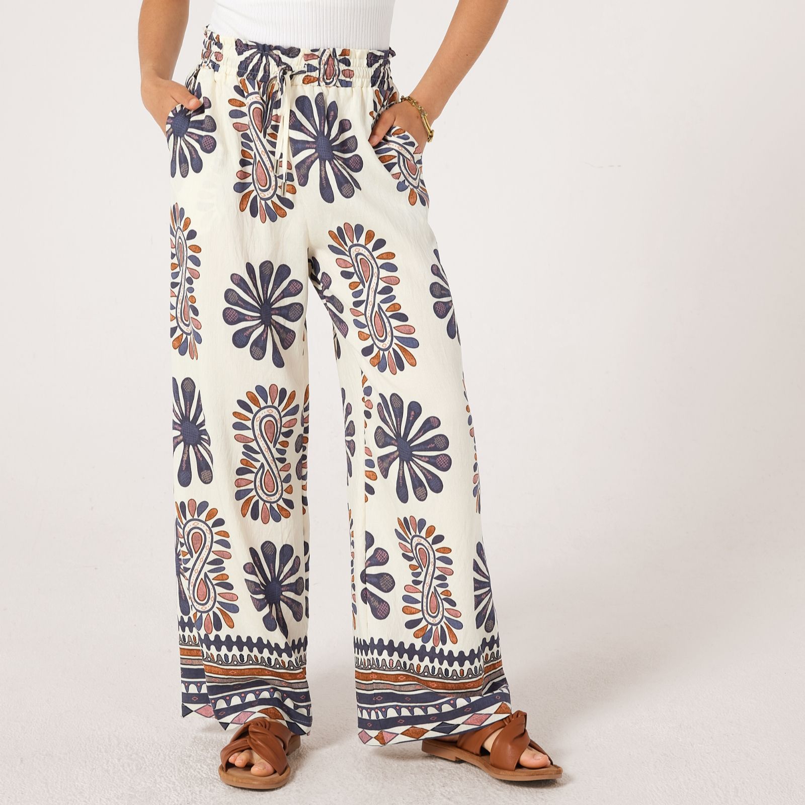Malissa J Drawcord Waist Wide Leg Trousers with Border
