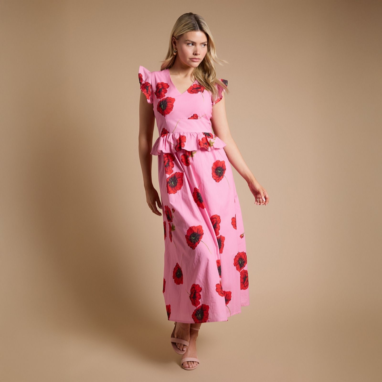 Dorothy Perkins 100% Cotton Frill Detail Printed Poppy Maxi Dress Standard