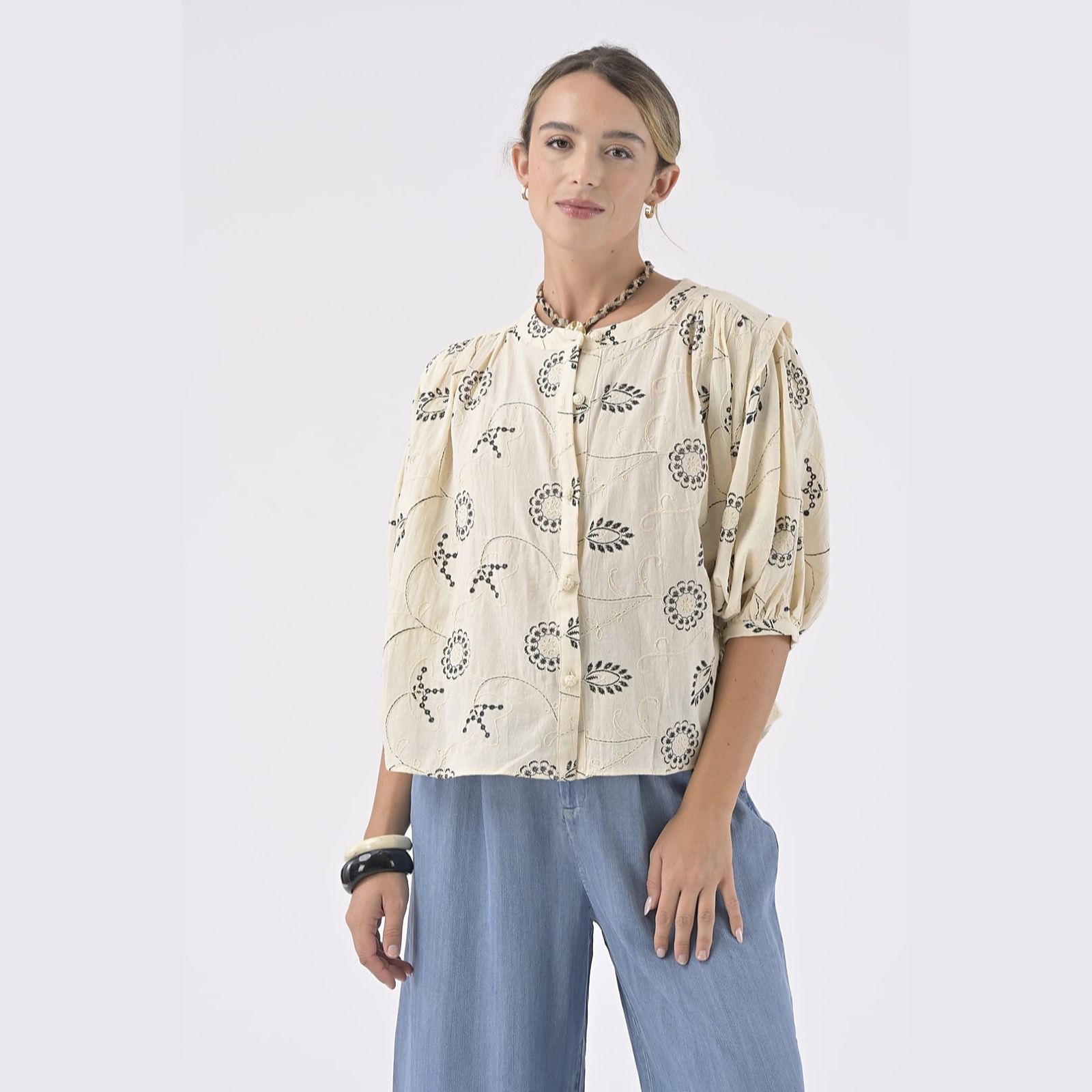 Orfeo Paris Arizona Embroidered Shirt with 3/4 Sleeves