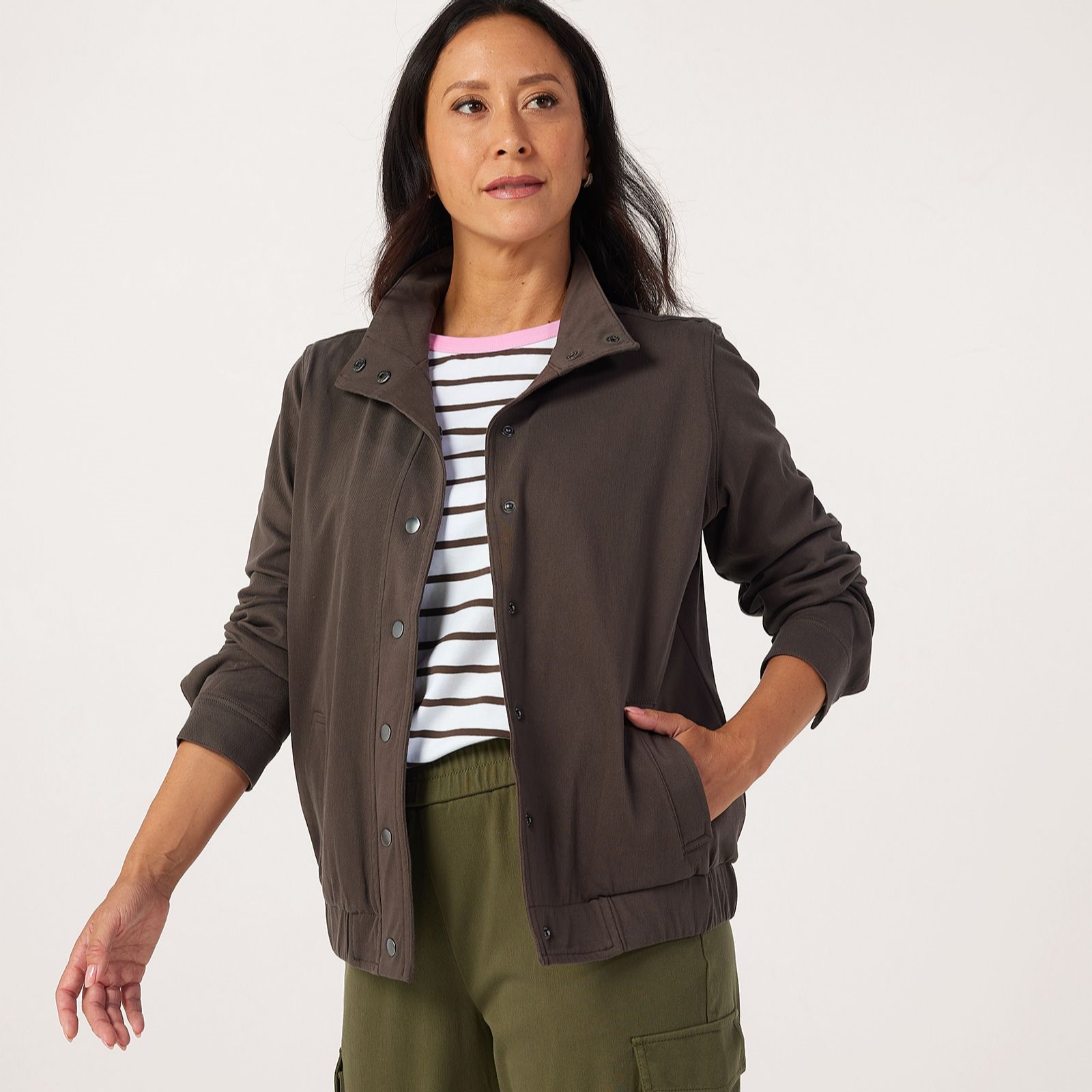 Denim & Co. Comfy Knit Denim Funnel Neck Bomber Jacket