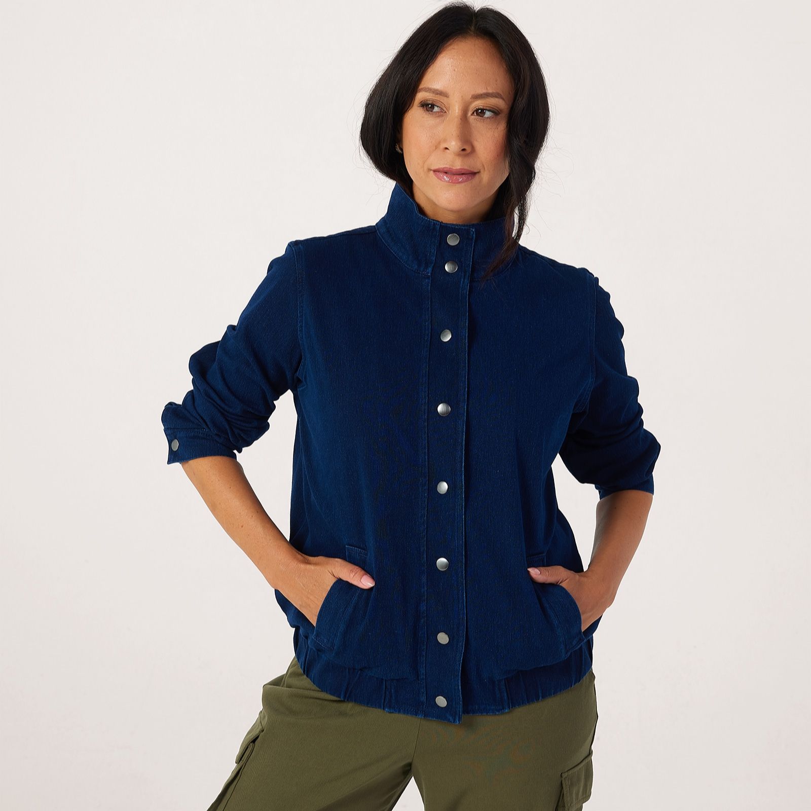 Denim & Co. Comfy Knit Denim Zip Funnel Neck Bomber Jacket