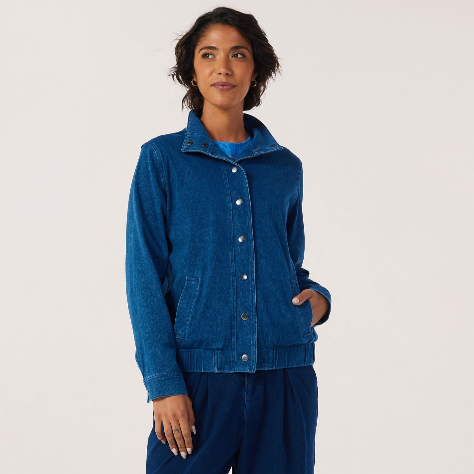 Denim & Co. Comfy Knit Denim Funnel Neck Bomber Jacket