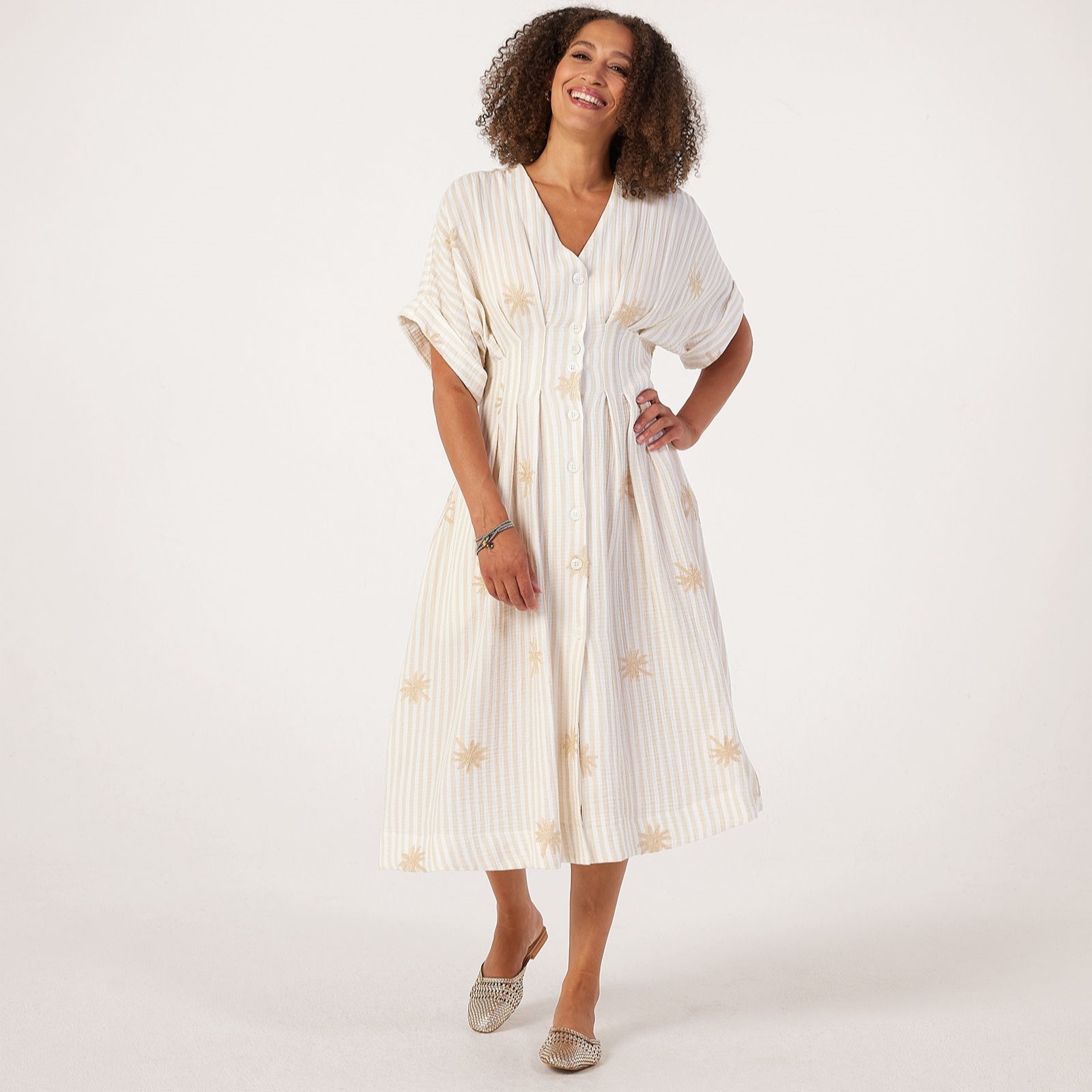 Helene Berman 100% Cotton Cheese Cloth Palm Tree Embroidered Dress
