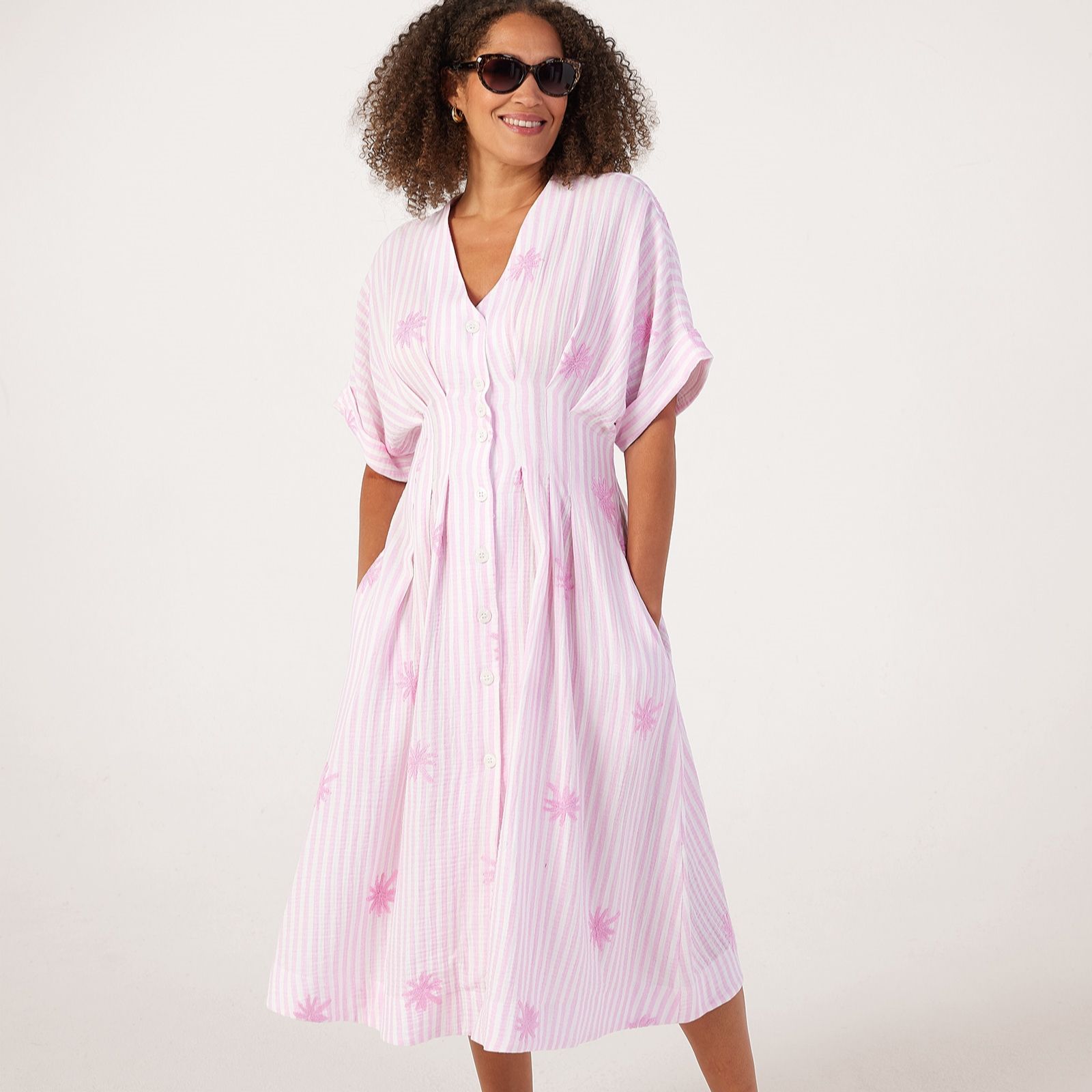 Helene Berman 100% Cotton Cheese Cloth Palm Tree Embroidered Dress