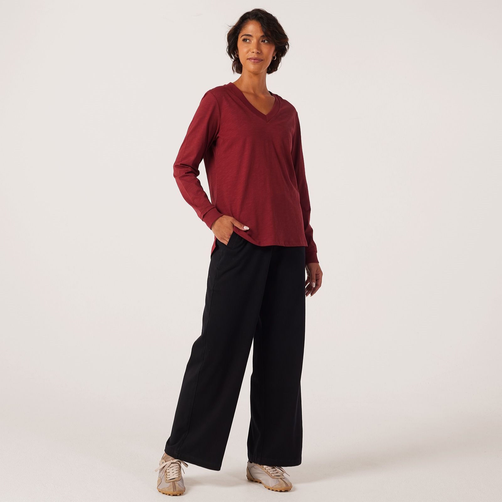 Denim & Co Essential V Neck Top with Rib Detail