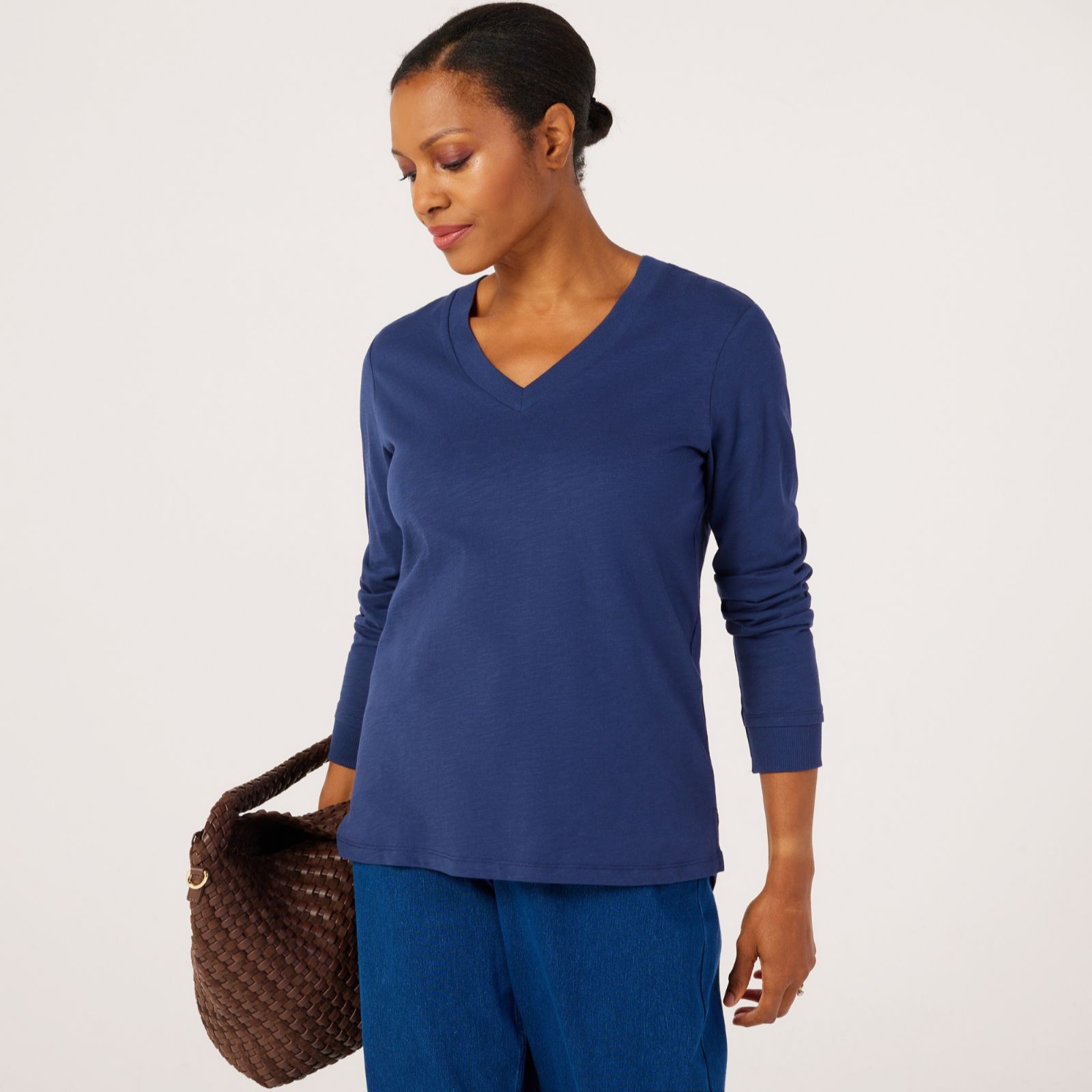 Denim & Co Essential V Neck Top with Rib Detail