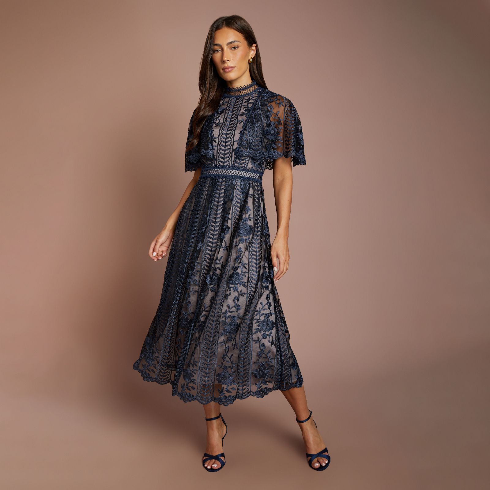 Coast Embroidered Mesh Cape Sleeve Midi Dress