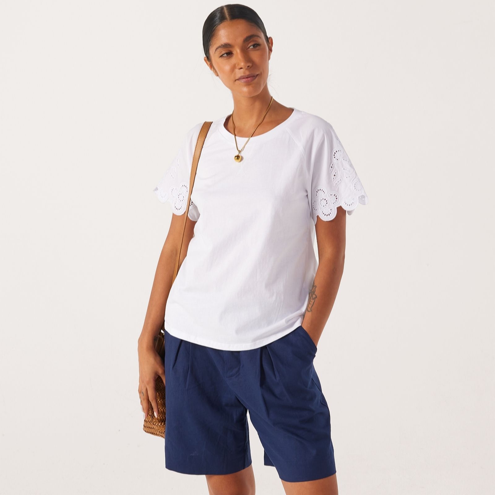 Denim & Co. Crew Neck Top With Broderie On Sleeve