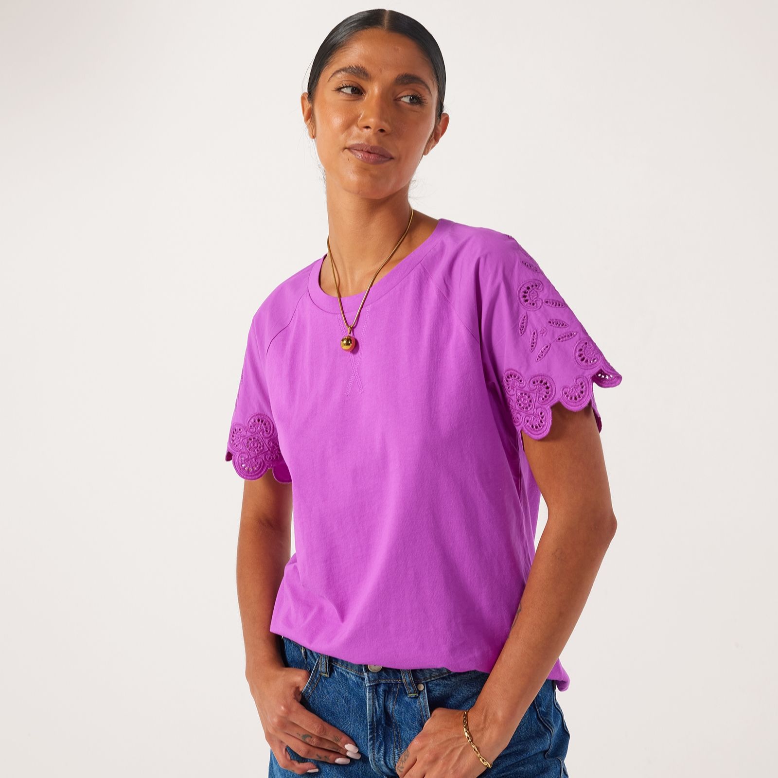 Denim & Co. Crew Neck Top With Broderie On Sleeve