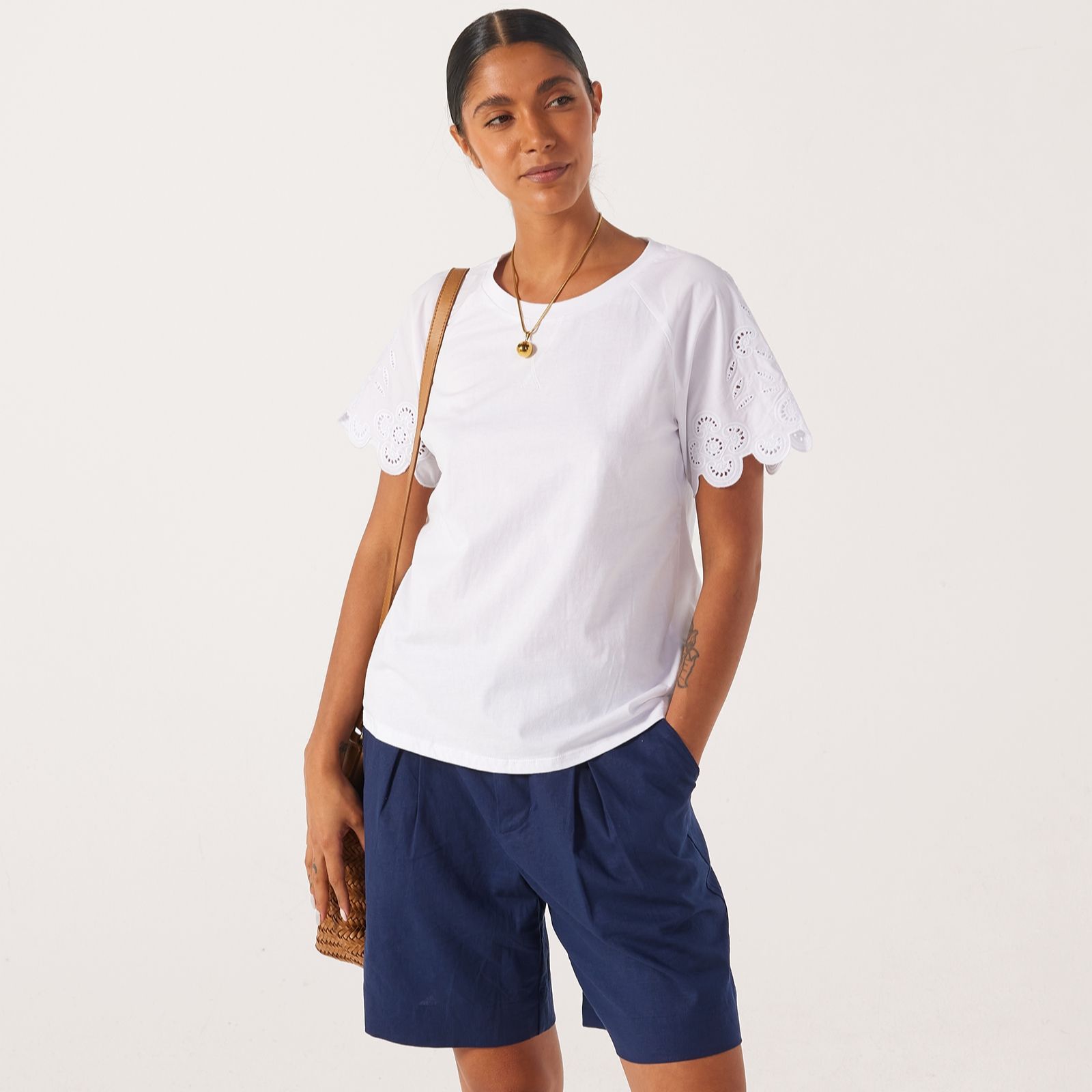 Denim & Co. Crew Neck Top With Broderie On Sleeve
