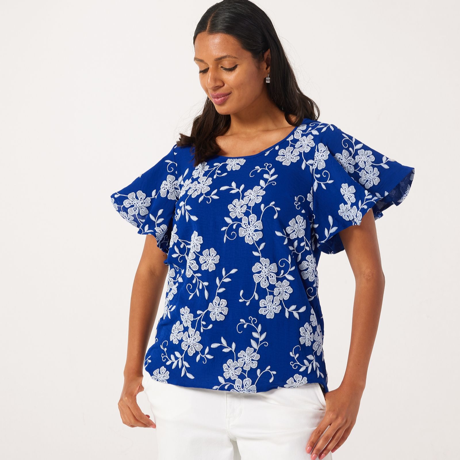 Nina Leonard Linen Feel Printed Flutter Sleeve Tunic