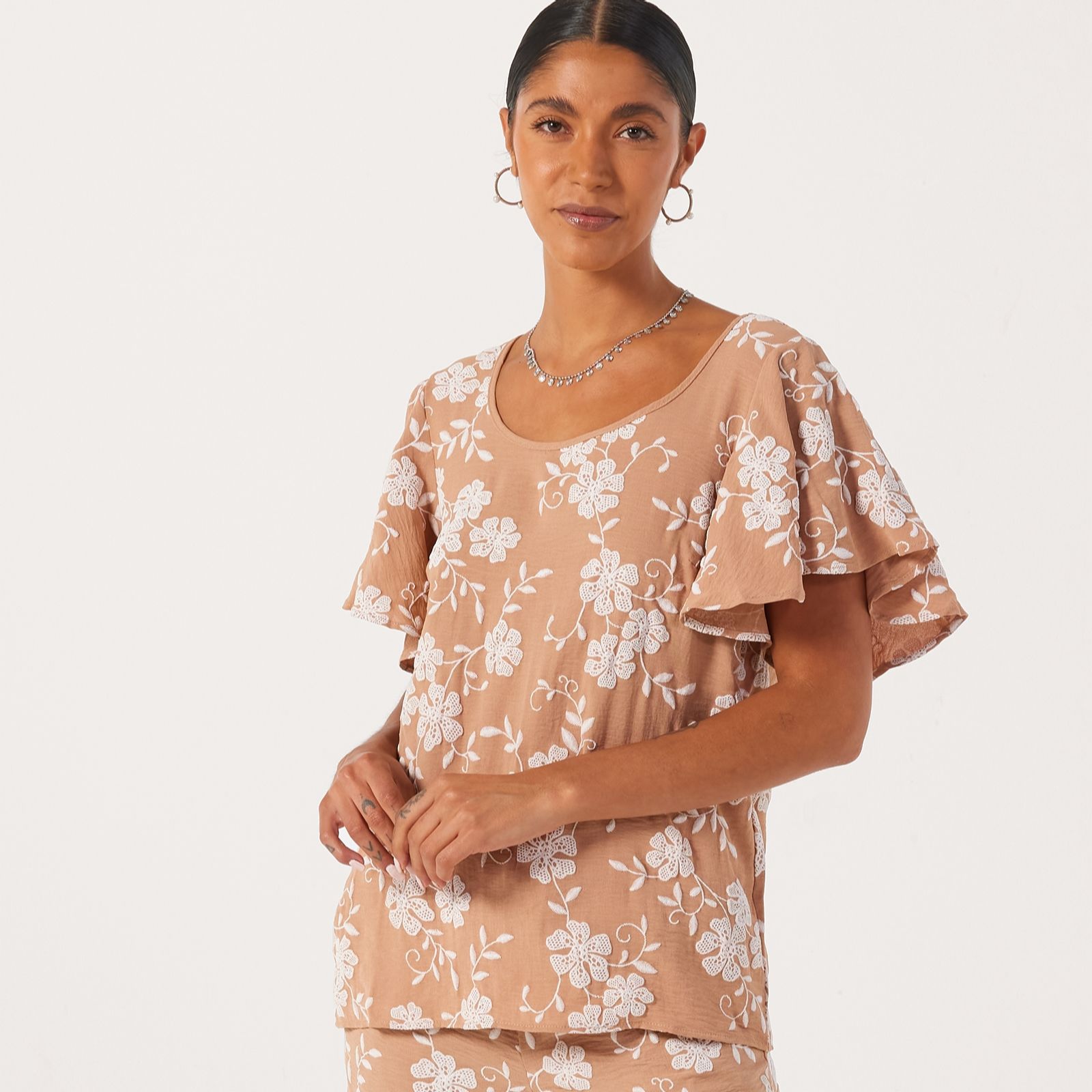 Nina Leonard Linen Feel Printed Flutter Sleeve Tunic