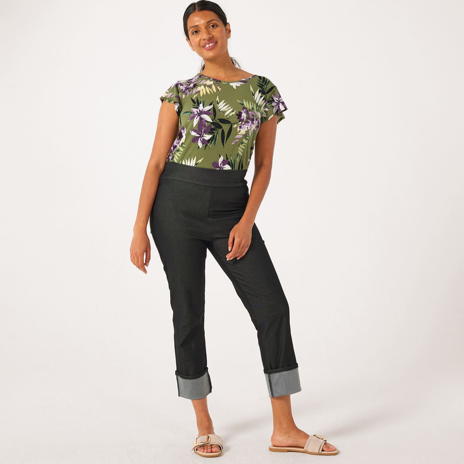 Kim & Co Deluxe Denim Knit Straight Cuffed Crop Petite Trousers