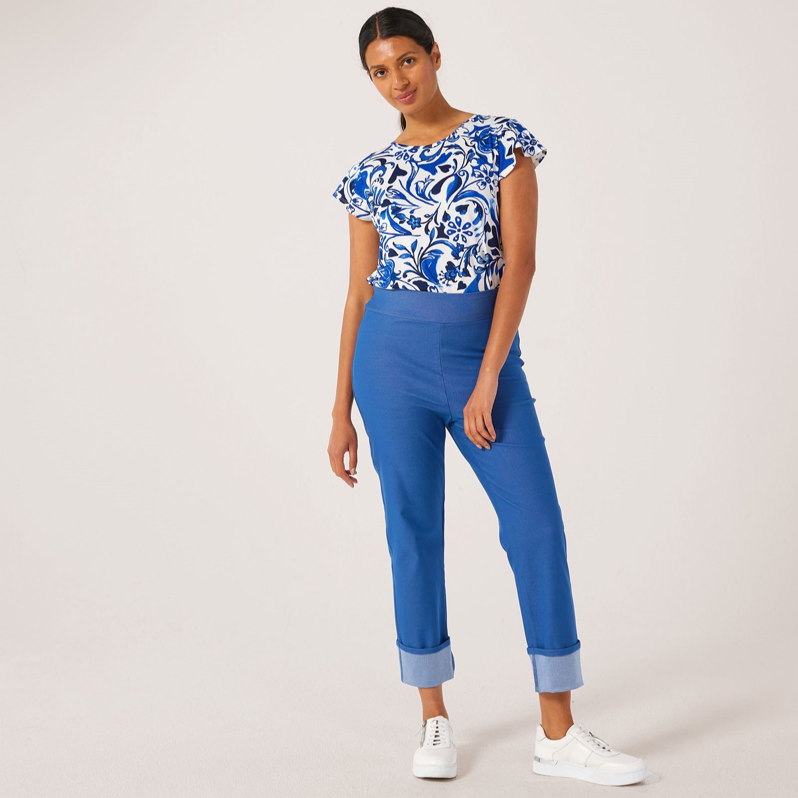 Kim & Co Deluxe Denim Knit Straight Cuffed Crop Petite Trousers