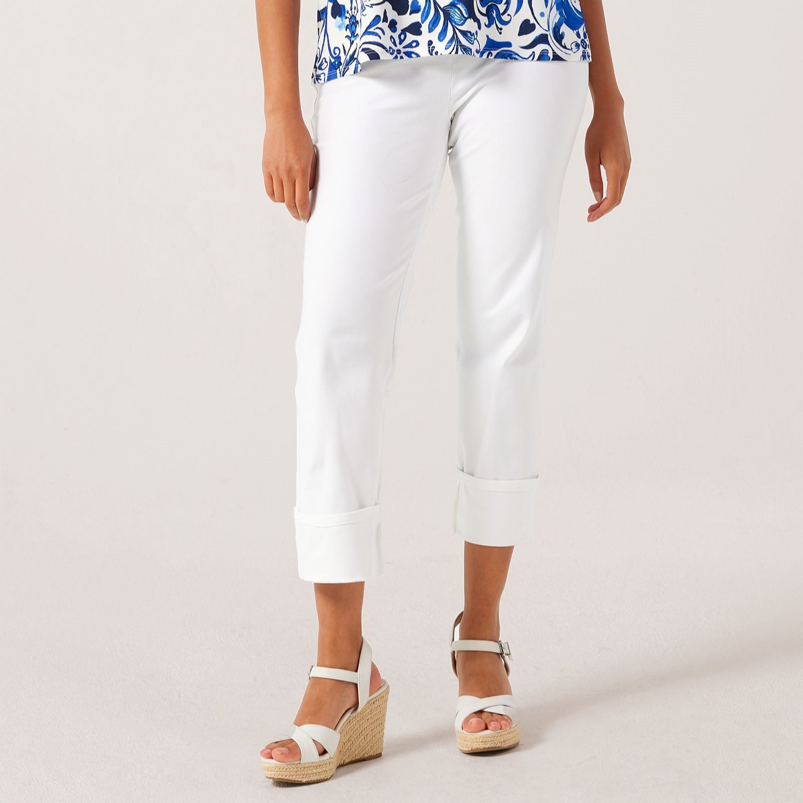 Kim & Co Deluxe Denim Knit Straight Cuffed Crop Petite Trousers