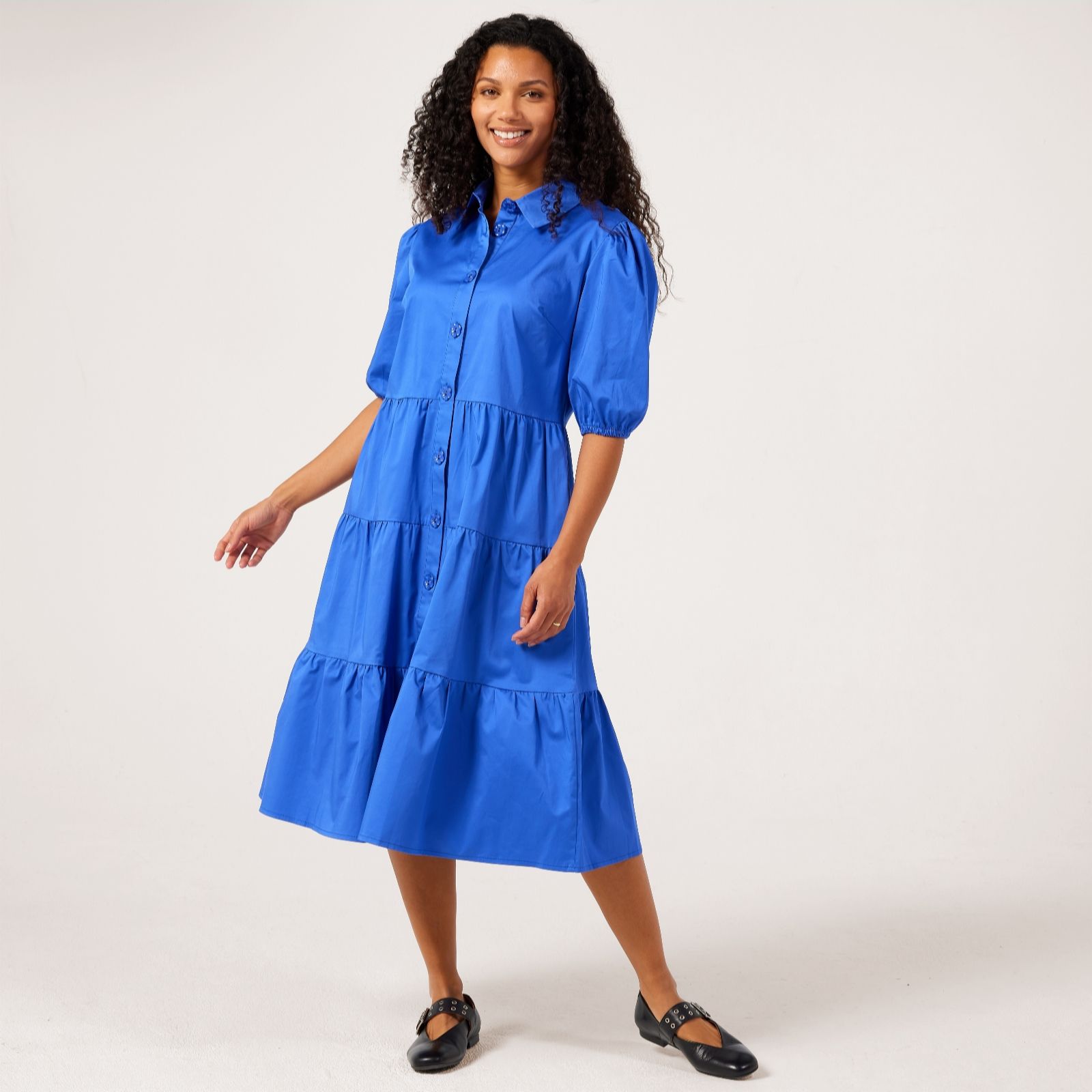 Helene Berman Daisy Print Cotton Poplin Dress with Flower Buttons