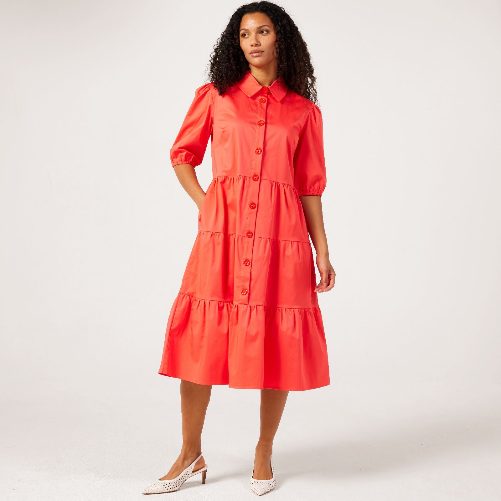 Helene Berman Daisy Print Cotton Poplin Dress with Flower Buttons