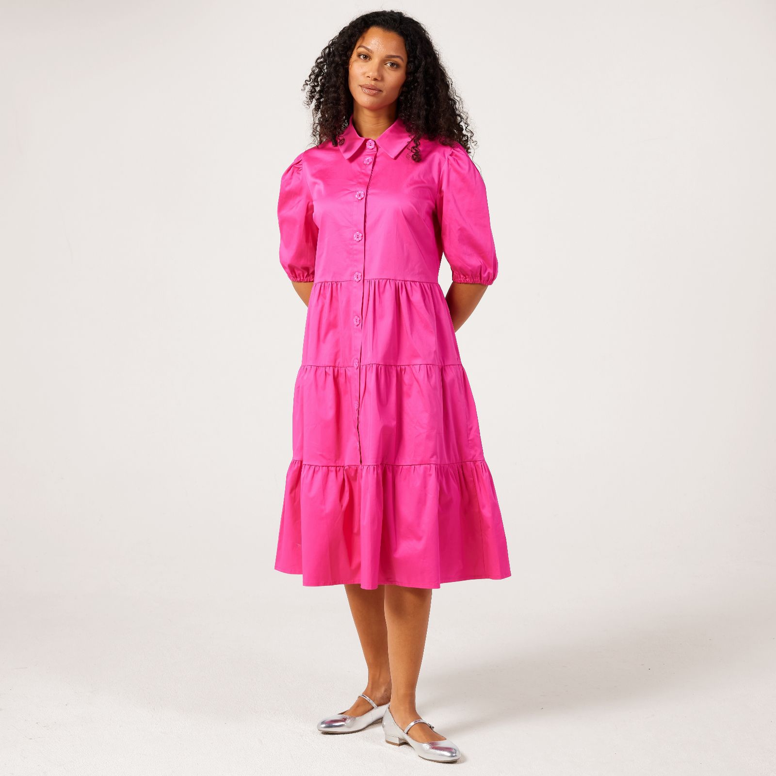 Helene Berman Daisy Print Cotton Poplin Dress with Flower Buttons