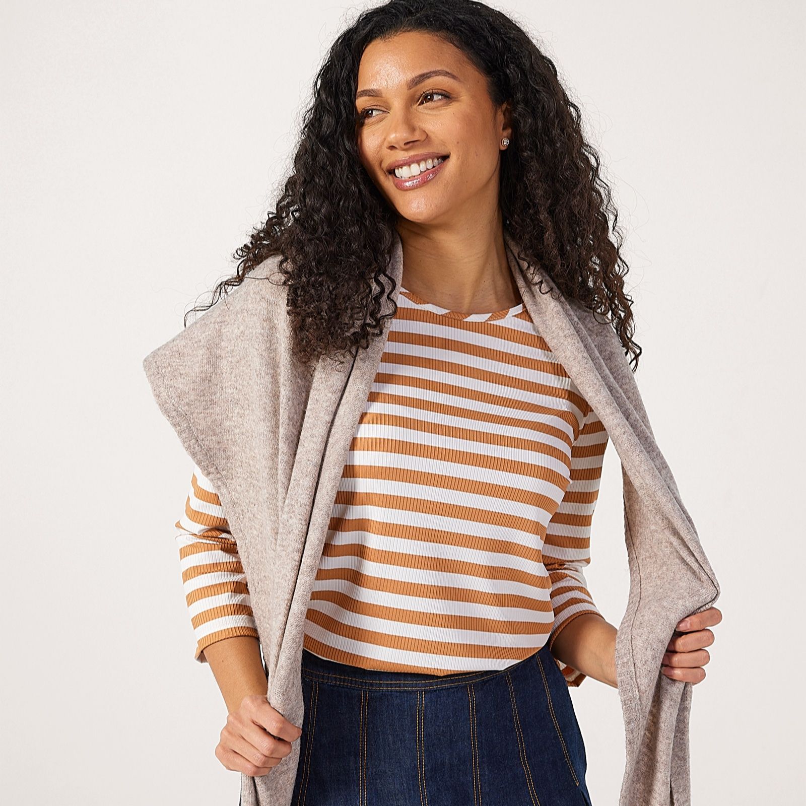 Kim & Co Rib Stripe Knit Three-Quarter Length Sleeve Top