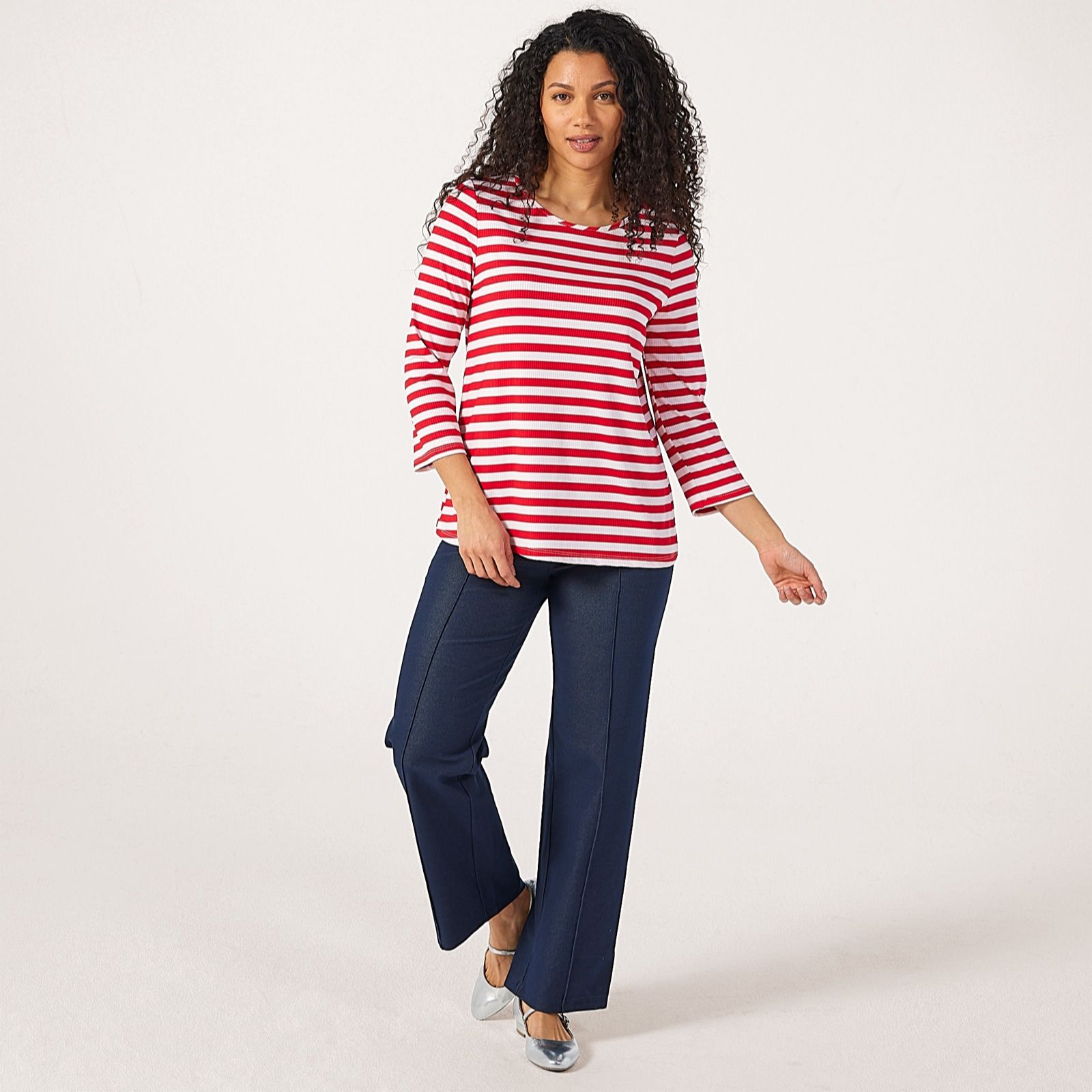 Kim & Co Rib Stripe Knit Three-Quarter Length Sleeve Top