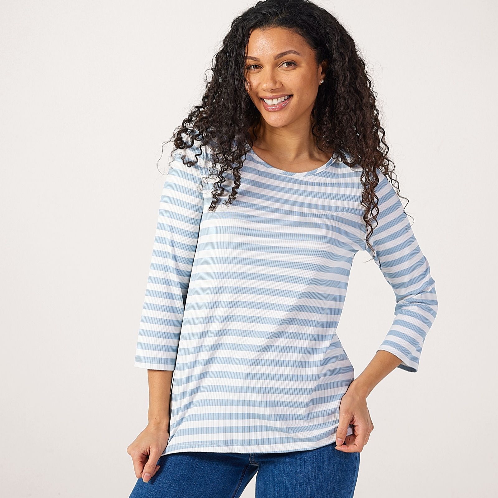 Kim & Co Rib Stripe Knit Three-Quarter Length Sleeve Top