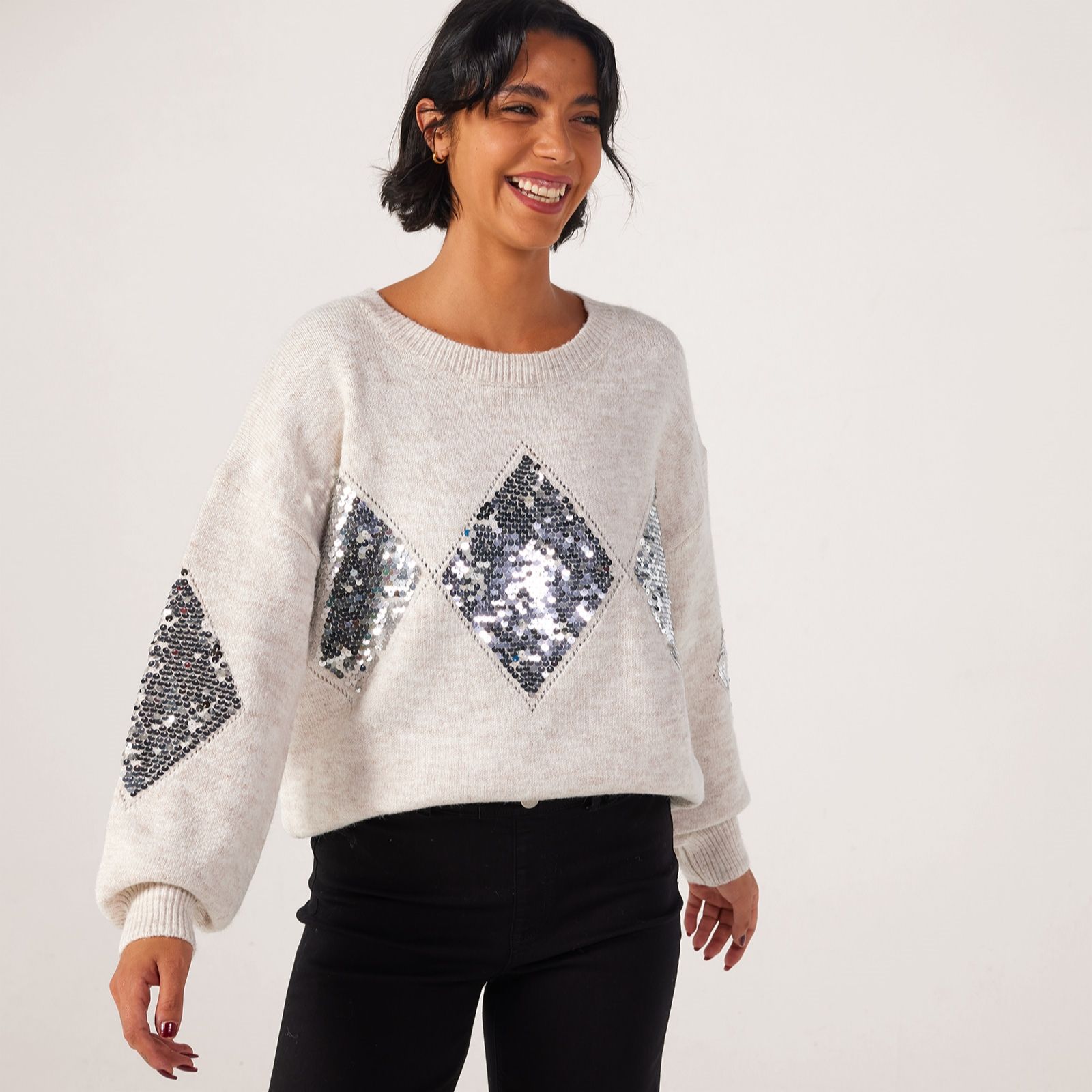 Izabel London Argyle Sequin Knit Jumper