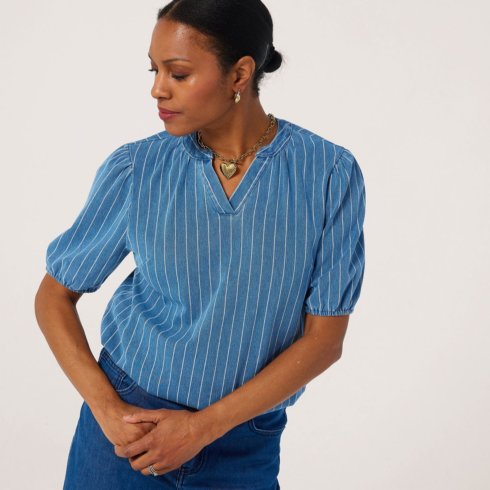 Denim & Co. Comfy Knit Nehru Collared Puff Sleeve Blouse