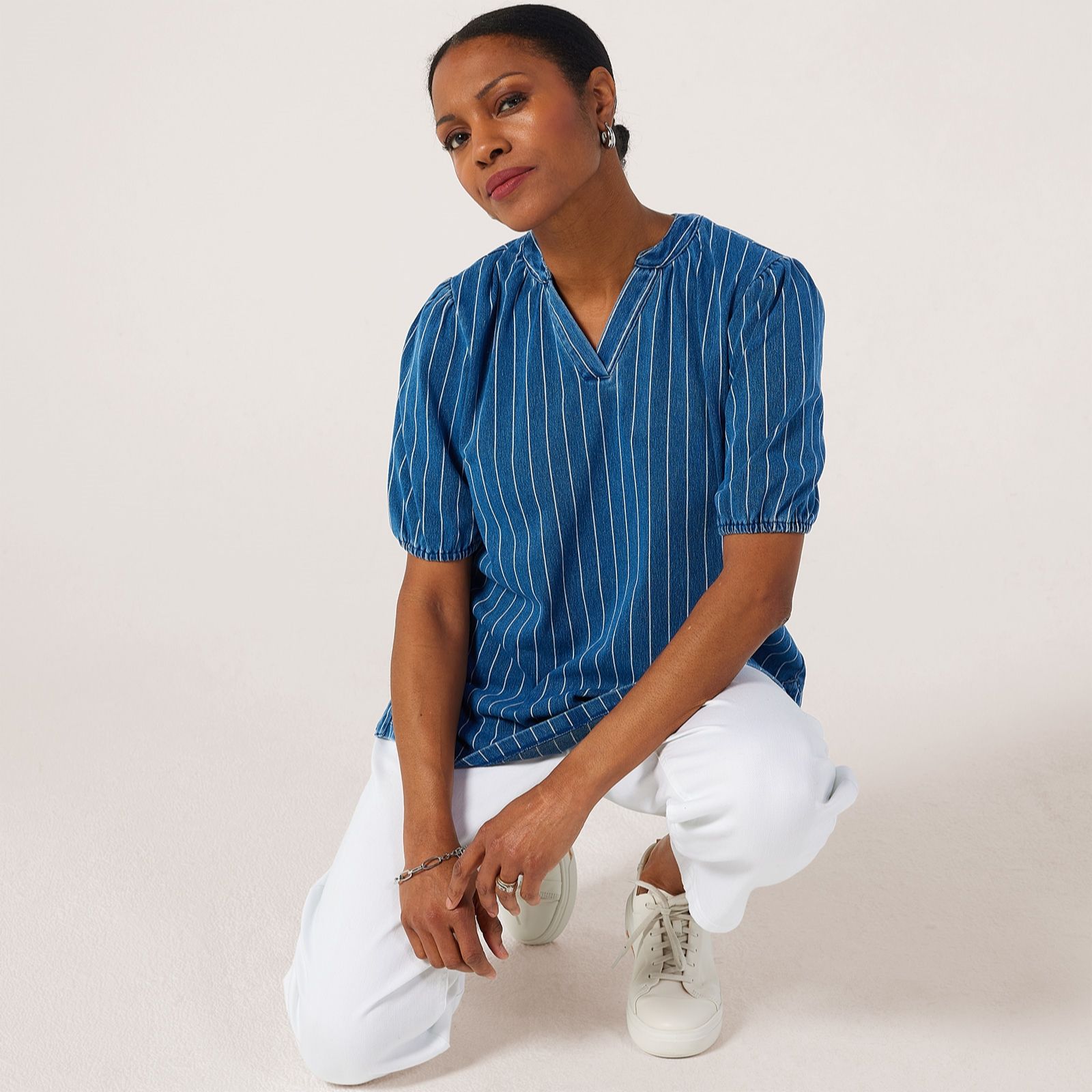 Denim & Co. Comfy Knit Nehru Collared Puff Sleeve Blouse