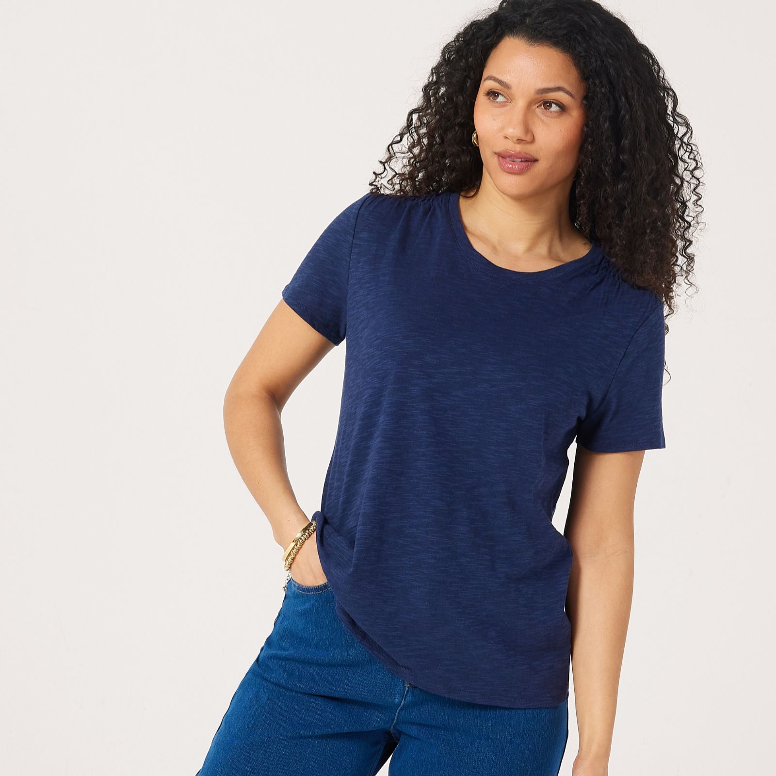 Denim & Co Linen Blend Short Sleeve Top With Ruching Detail