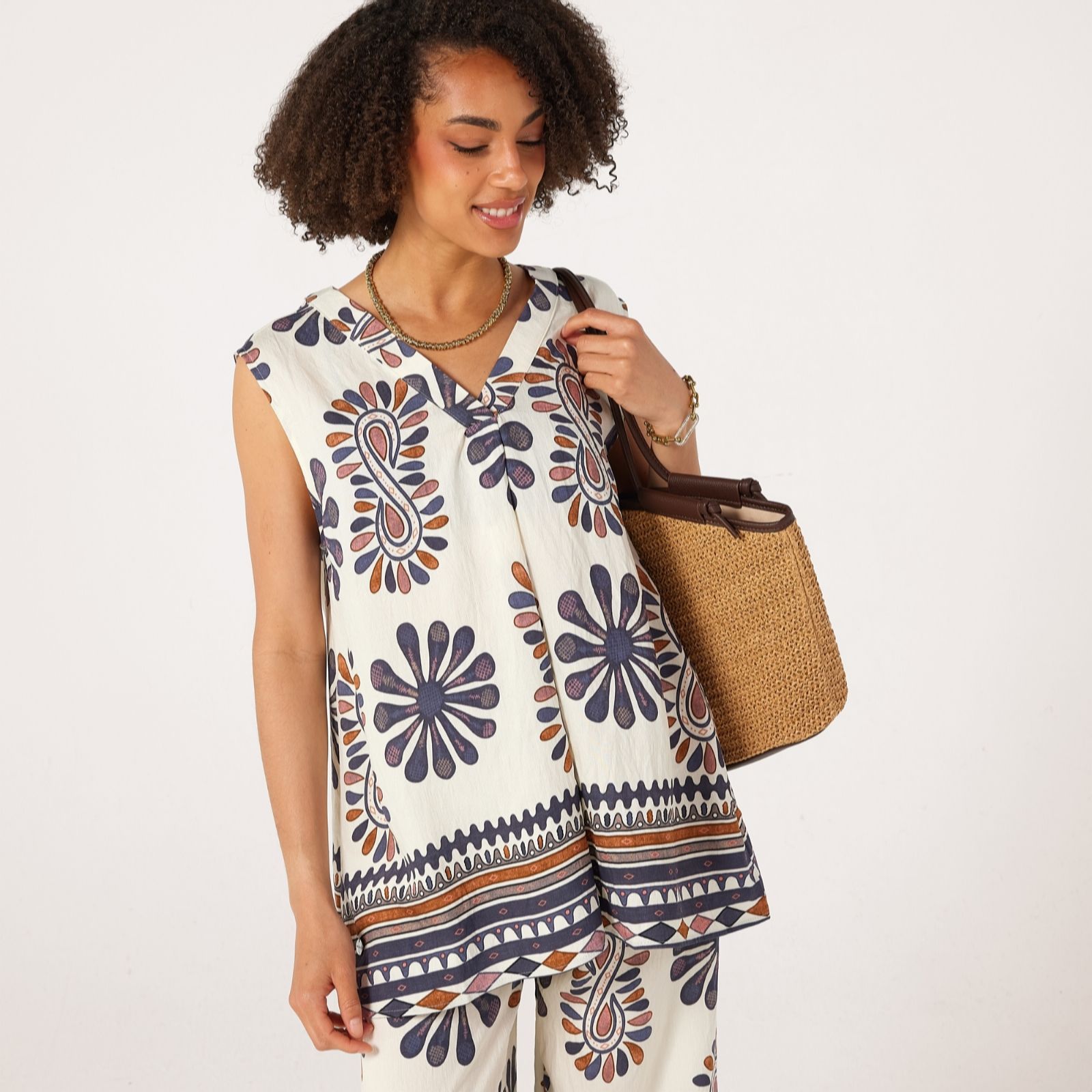 Malissa J Sleeveless V-Neck Front Pleat Top with Border