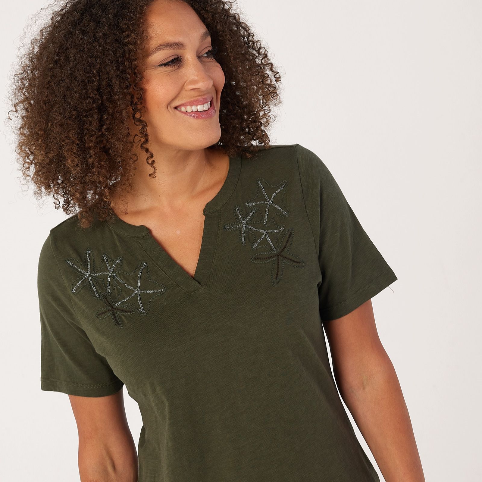 Denim & Co. Slub Jersey Embroidered Short Sleeve T-Shirt