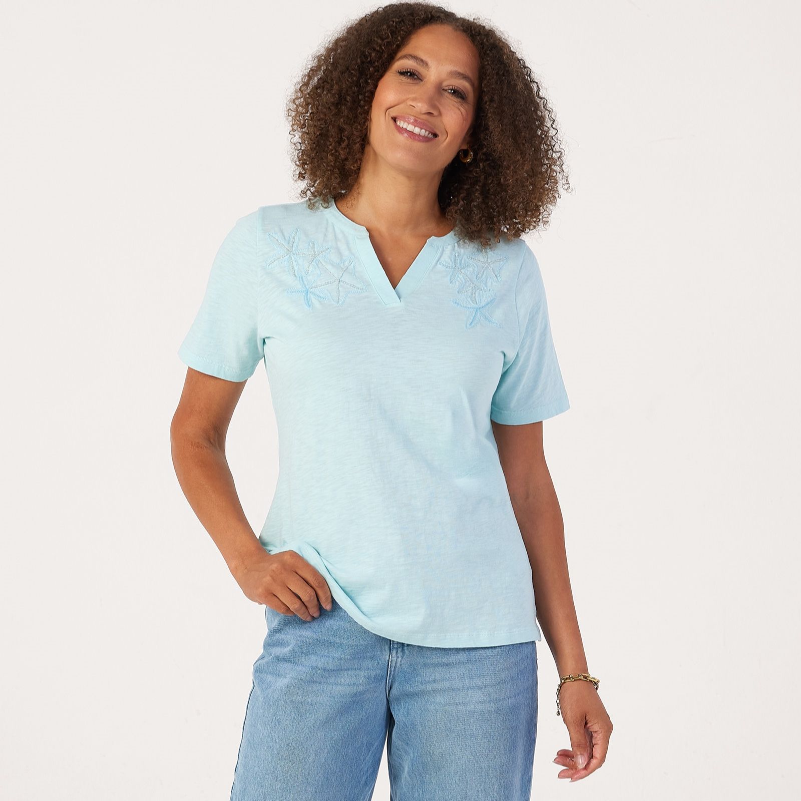 Denim & Co. Slub Jersey Embroidered Short Sleeve T-Shirt