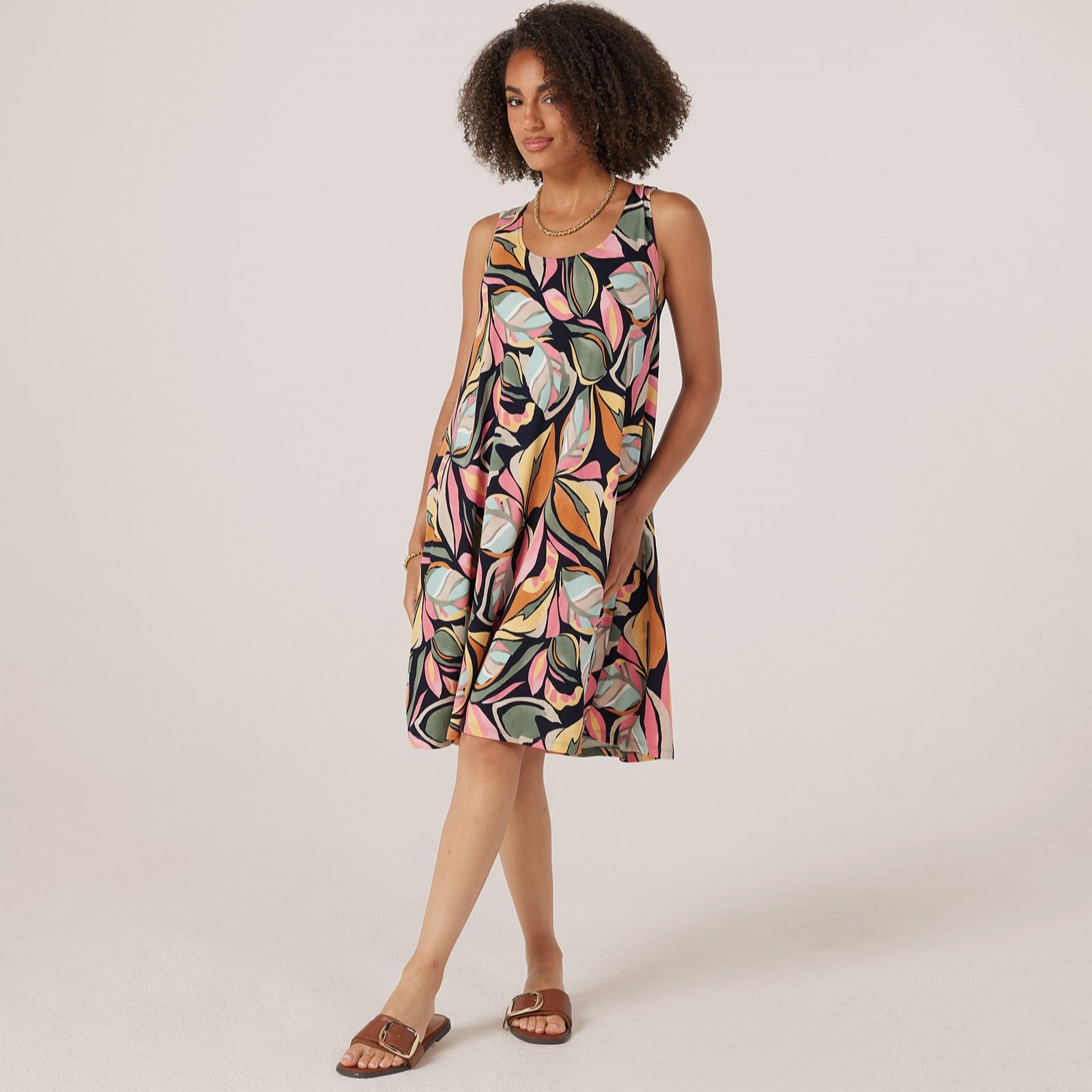 Kim & Co Printed Brazil Jersey Sleeveless Flared Short Dress with Pockets