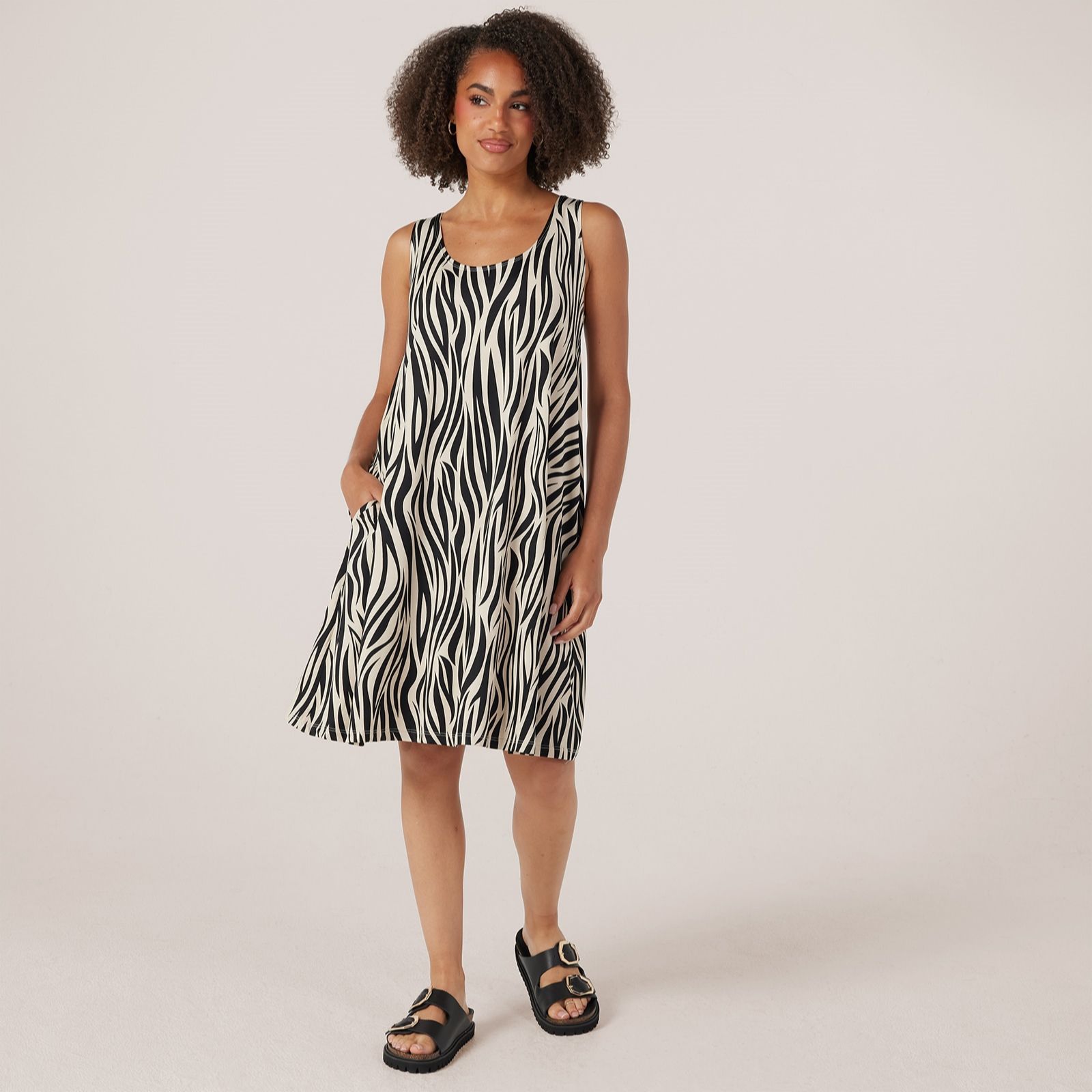 Kim & Co Printed Brazil Jersey Sleeveless Flared Short Dress with Pockets