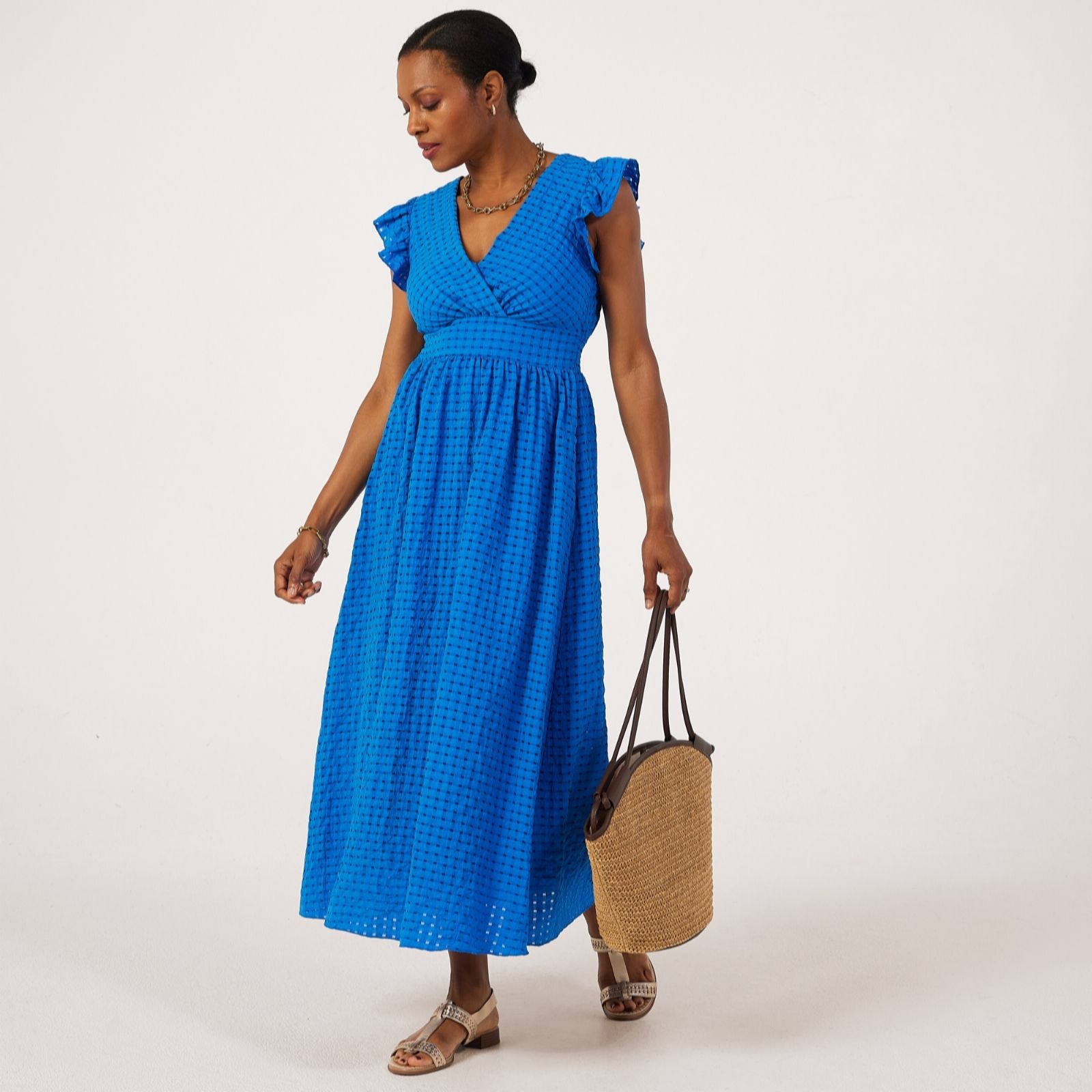 Izabel London Seersucker Frill Sleeve Midaxi Dress