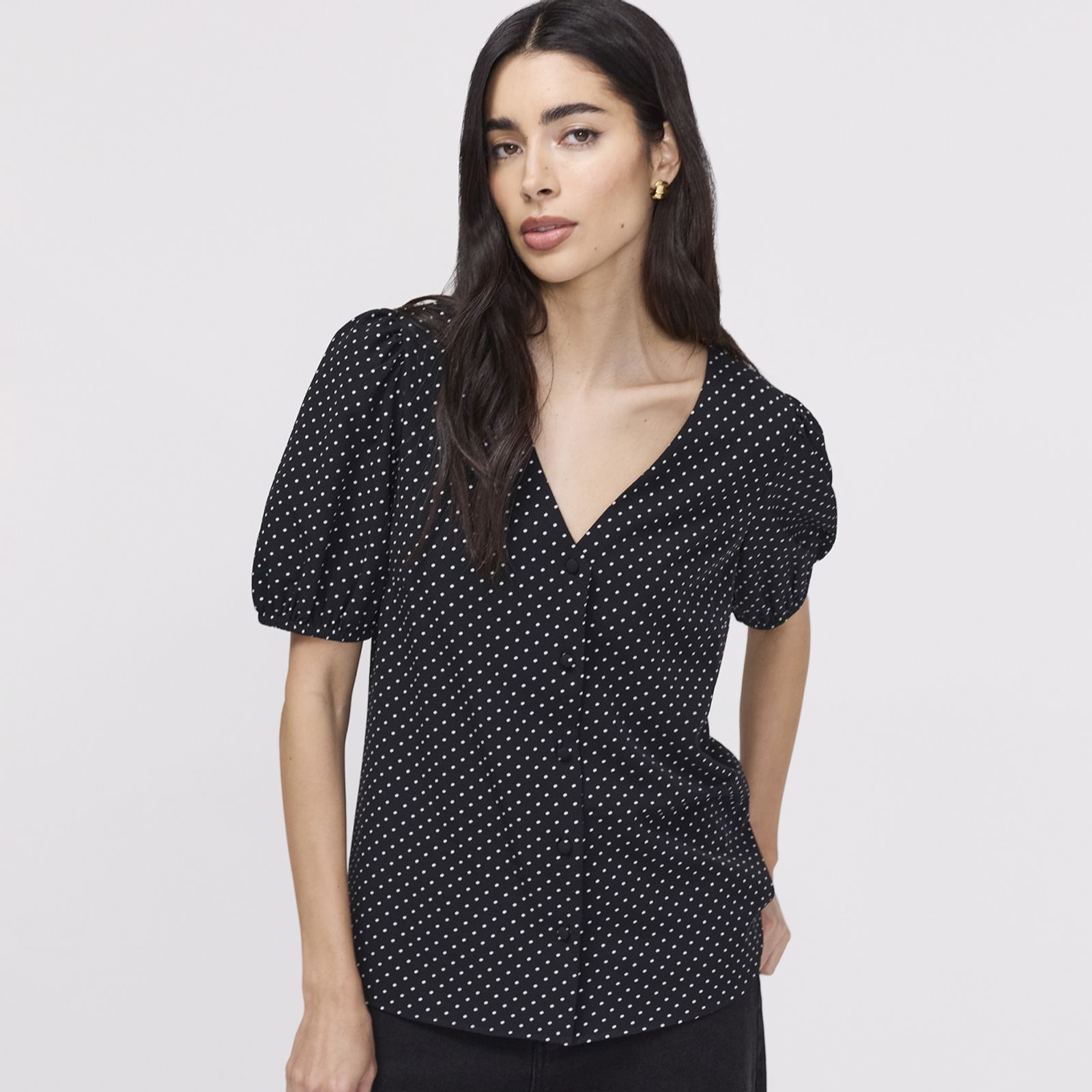 Finery London Fleur Polka Dot Puff Sleeve Button Through V Neck Top
