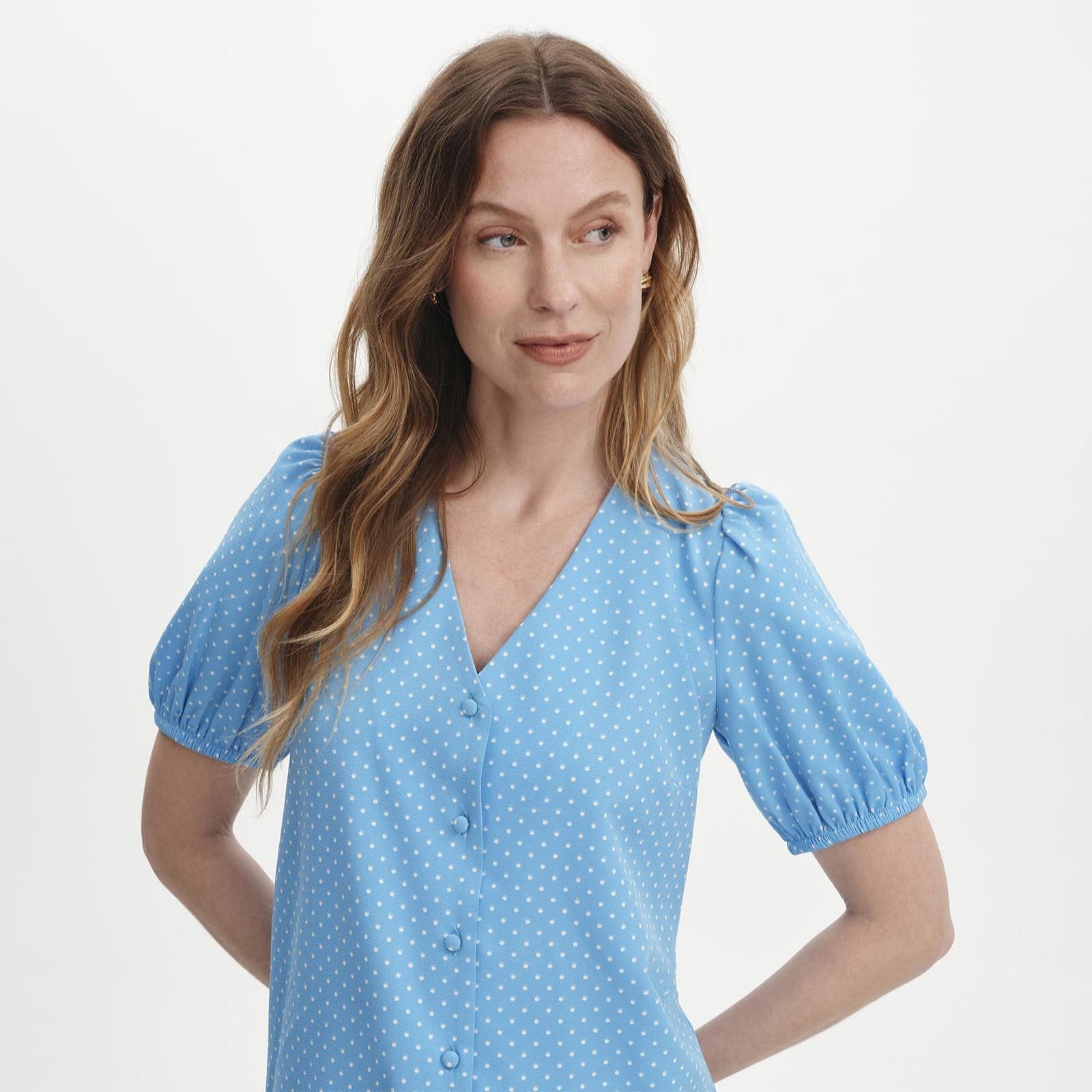 Finery London Fleur Polka Dot Puff Sleeve Button Through V-Neck Top