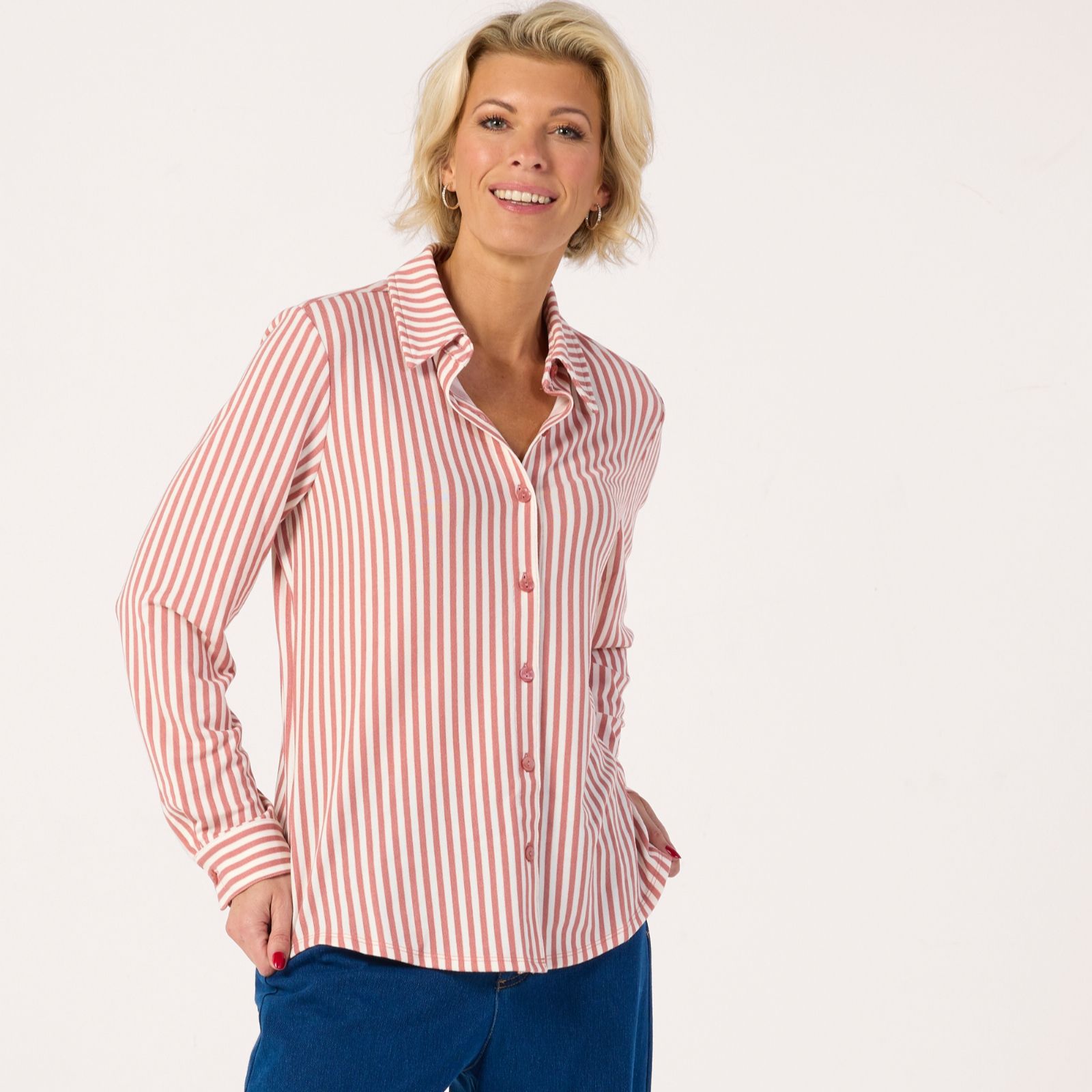 Denim & Co. Printed Heavenly Jersey Long Sleeve Button Front Shirt