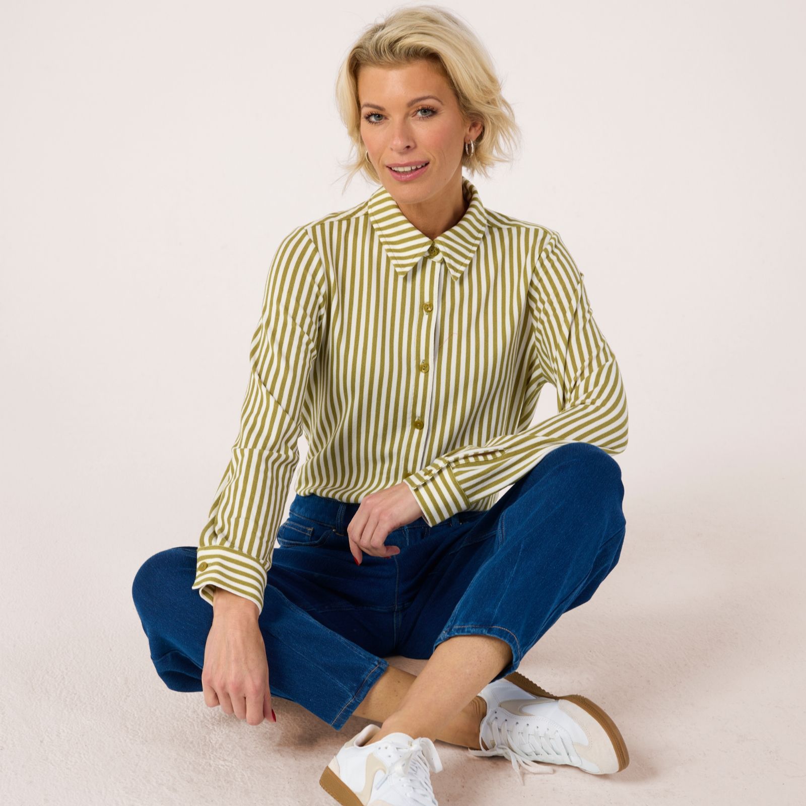 Denim & Co. Printed Heavenly Jersey Long Sleeve Button Front Shirt