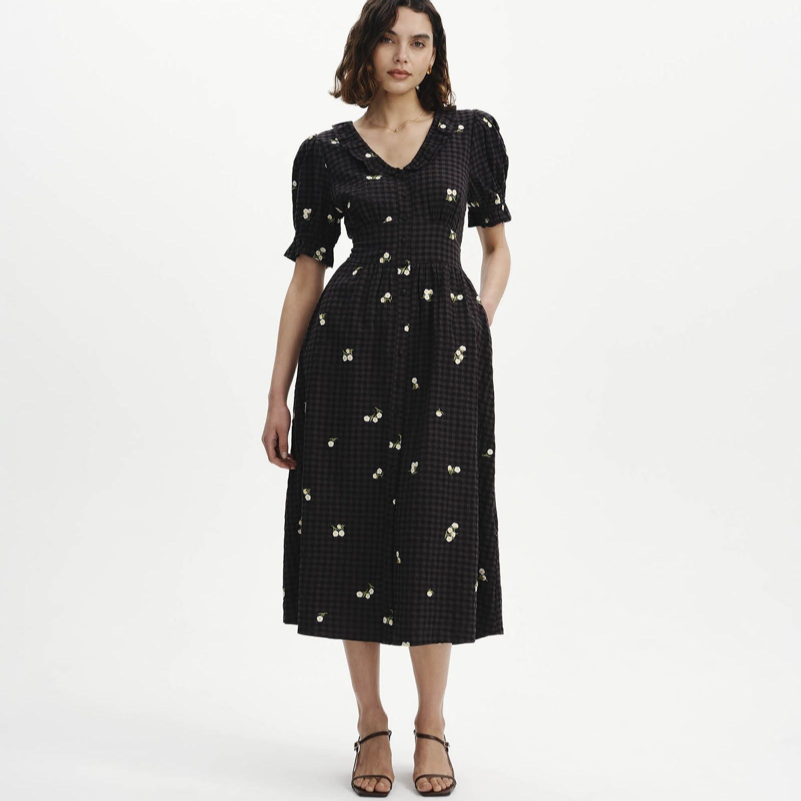 Finery London Aoife Cotton Seersucker Embroidered Floral Dress Standard