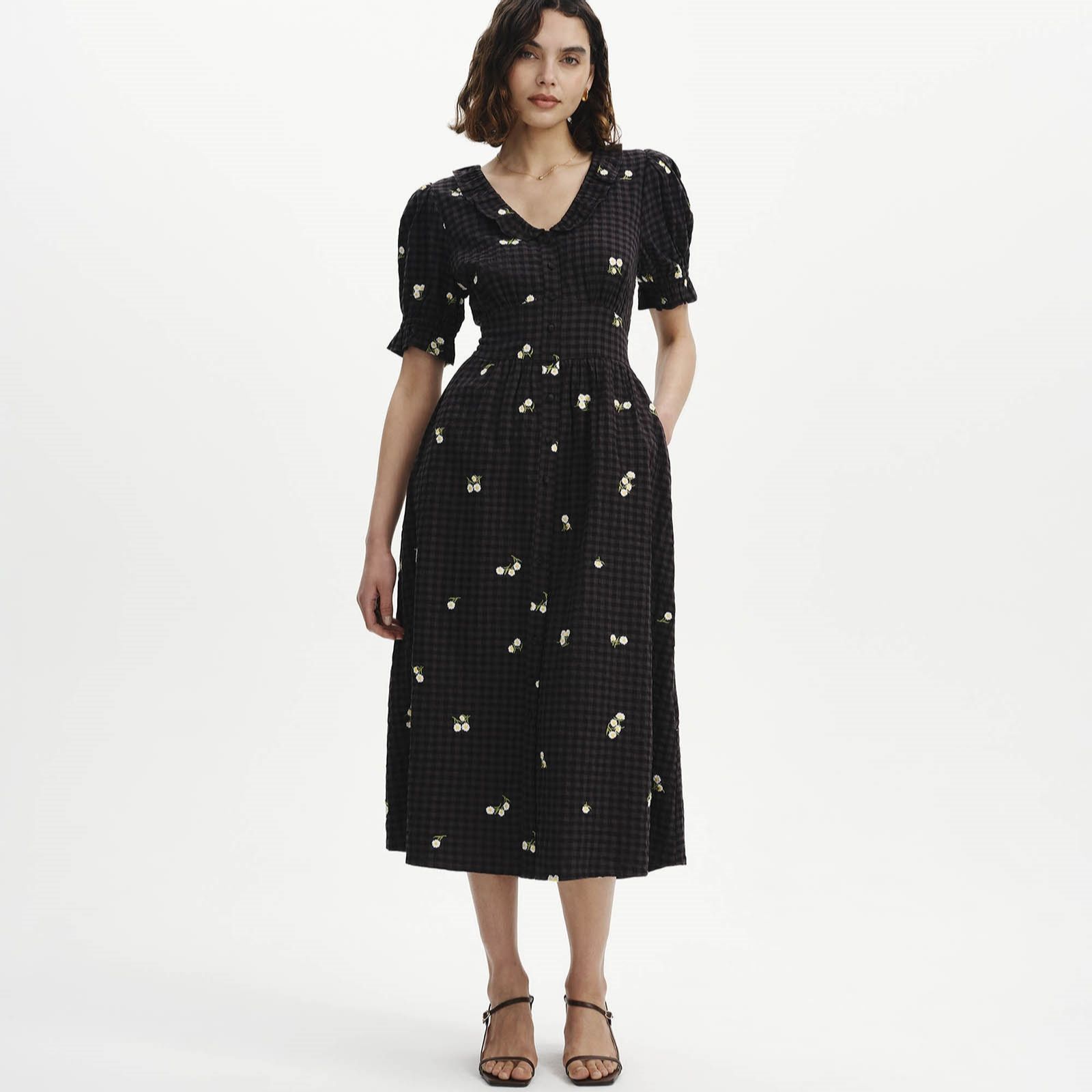 Finery London Aoife Cotton Seersucker Embroidered Floral Dress Standard