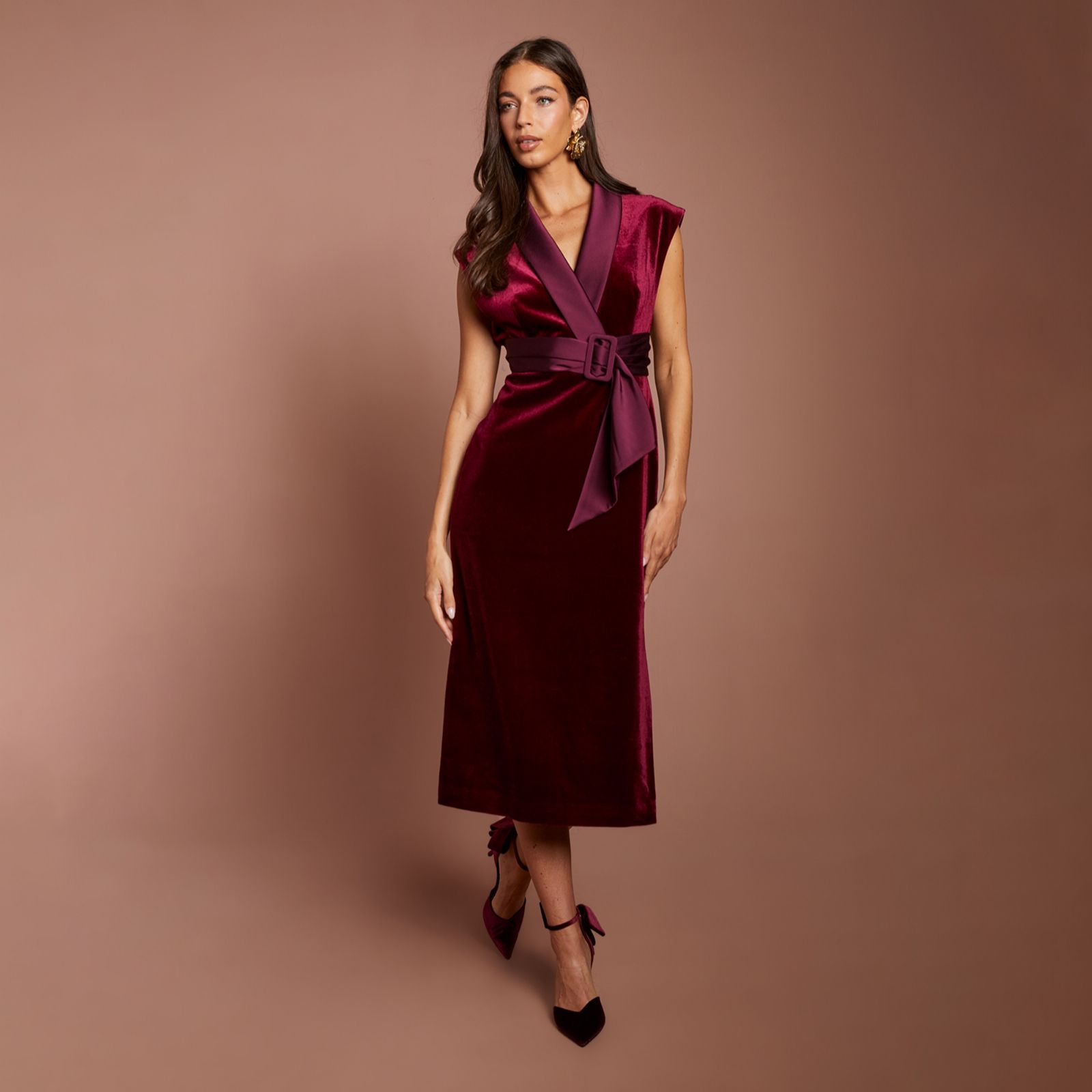 Coast Velvet Tux Style Midi Dress w/Satin Lapel