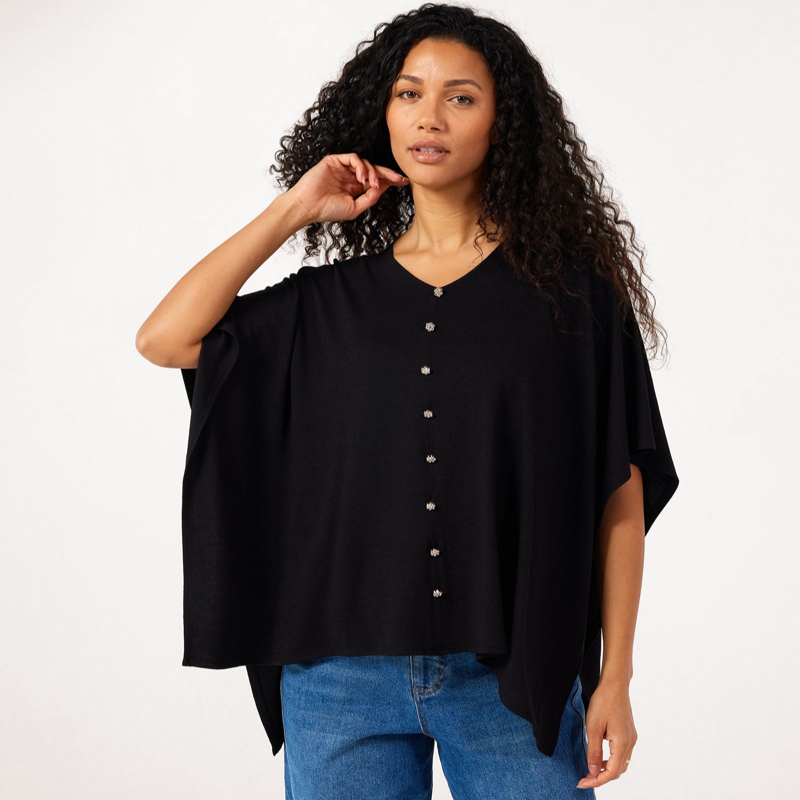 Kim & Co Fine Sweater Knit Poncho w/Button Detail
