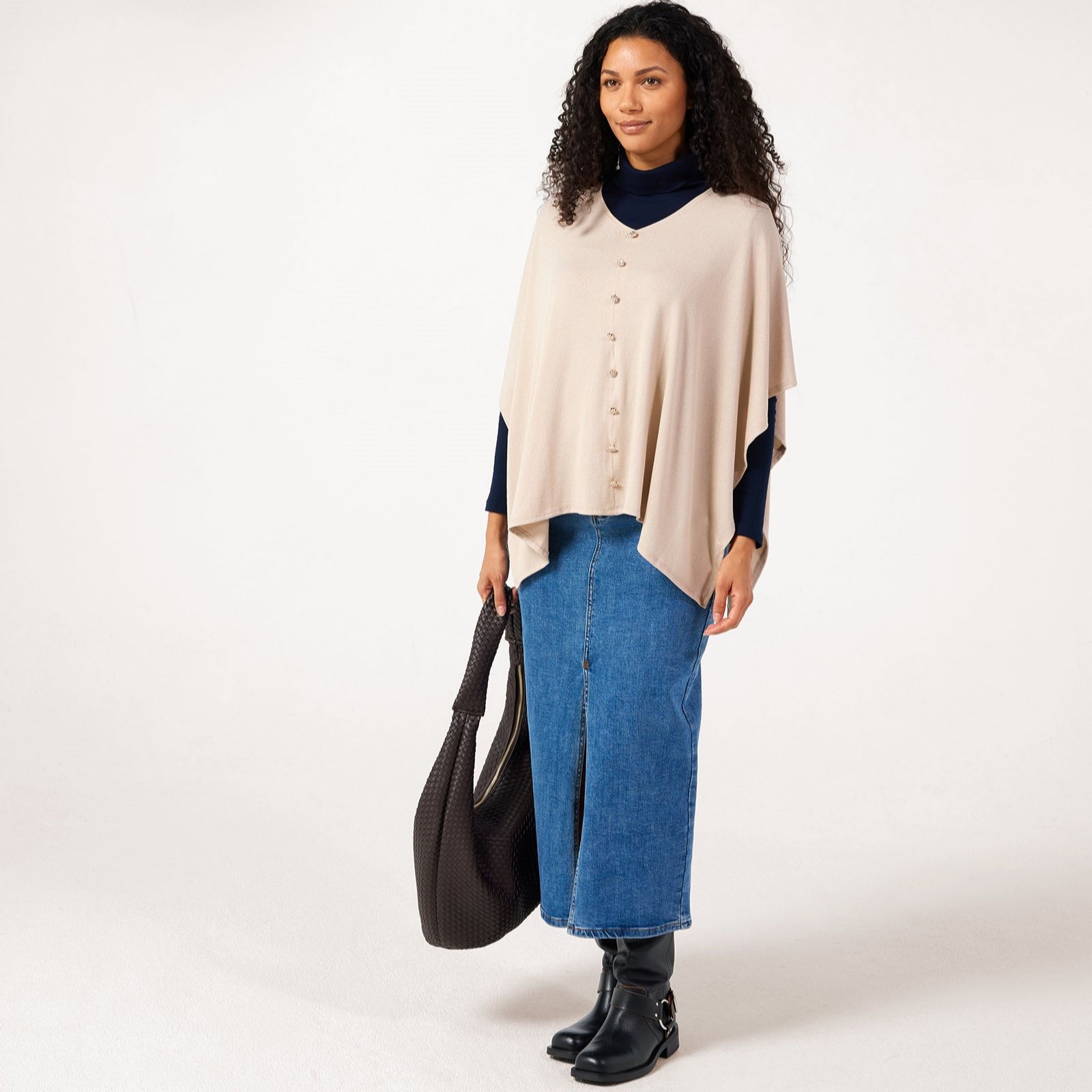 Kim & Co Fine Sweater Knit Poncho w/Button Detail