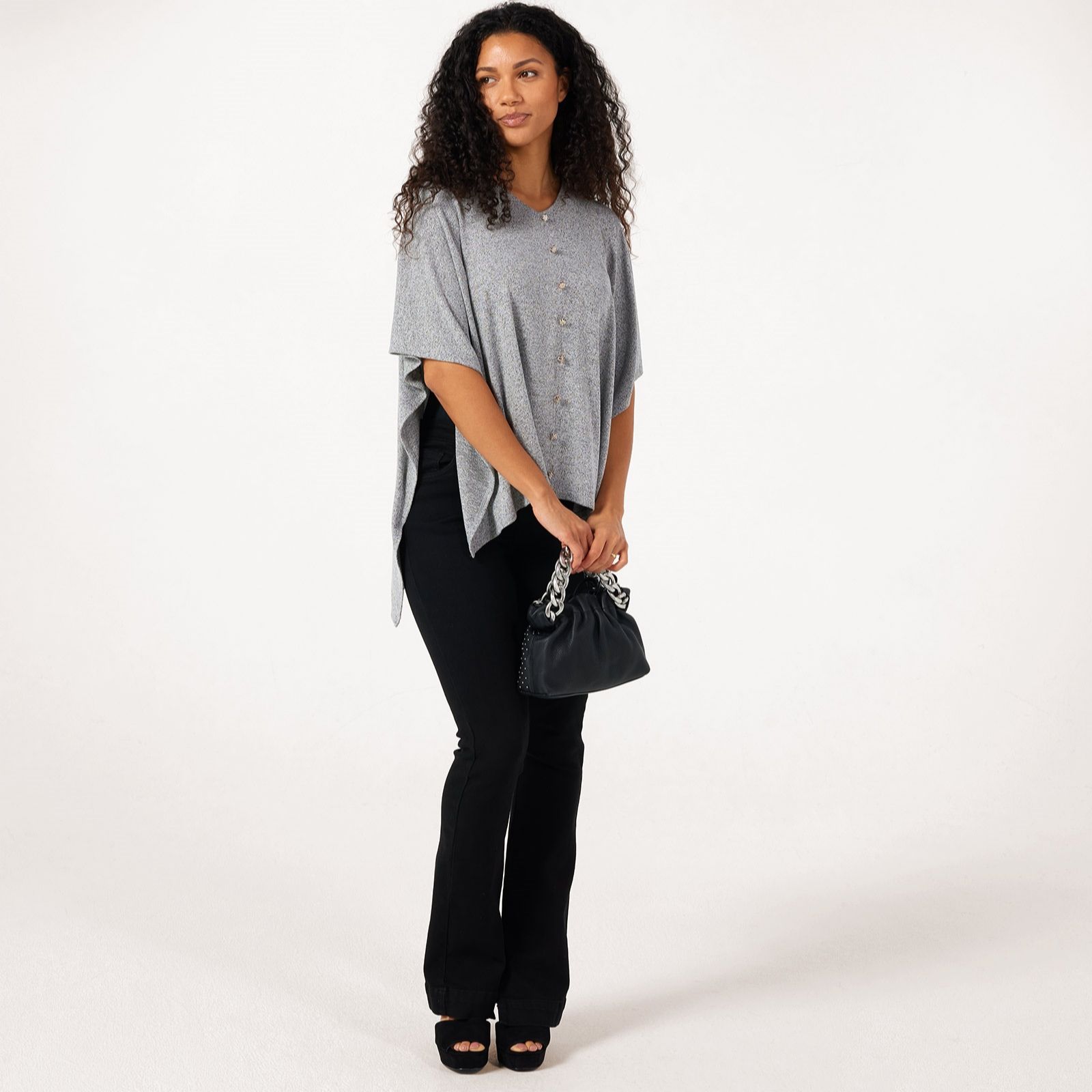 Kim & Co Fine Sweater Knit Poncho w/Button Detail