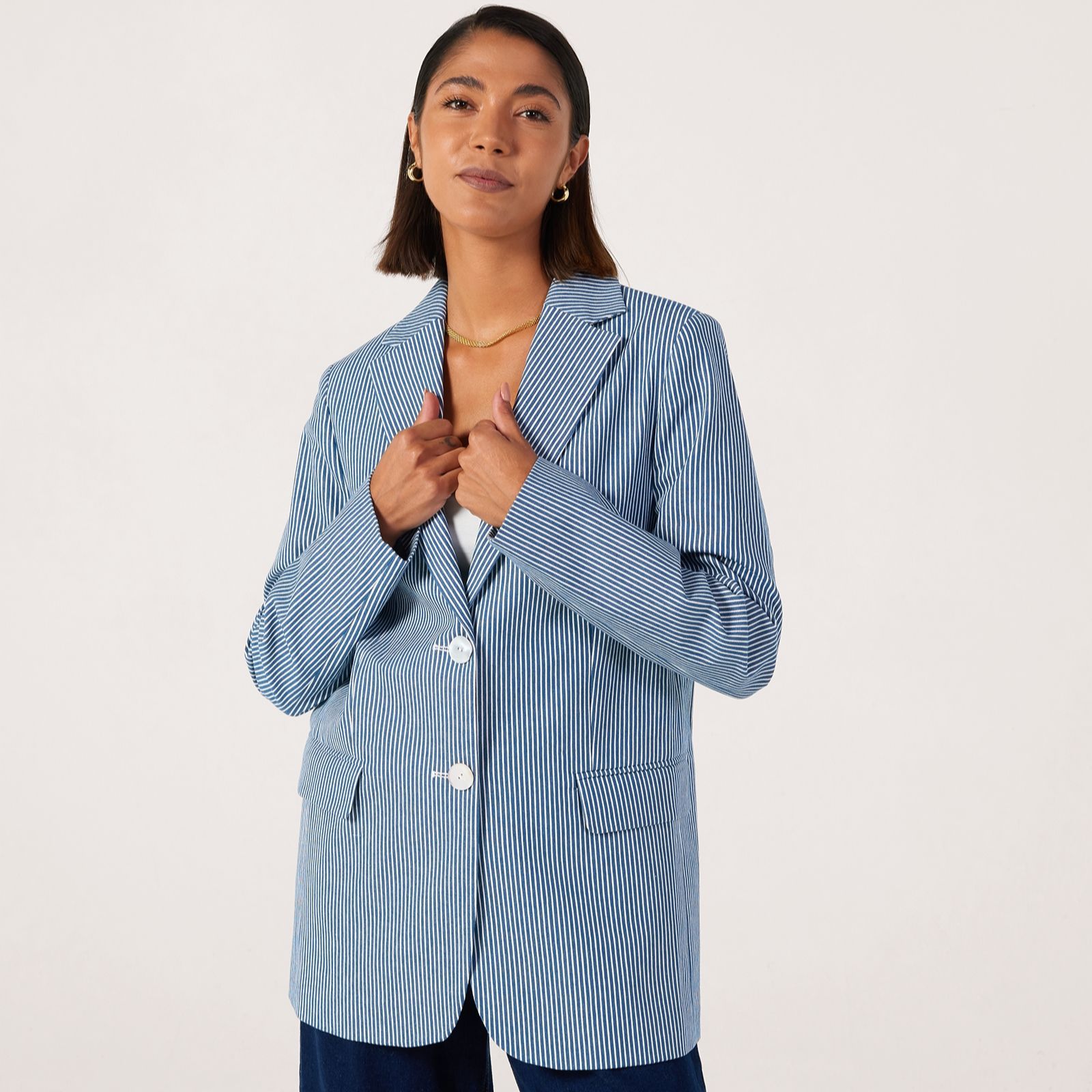 Helene Berman Striped Stretch Denim Relaxed Fit Blazer